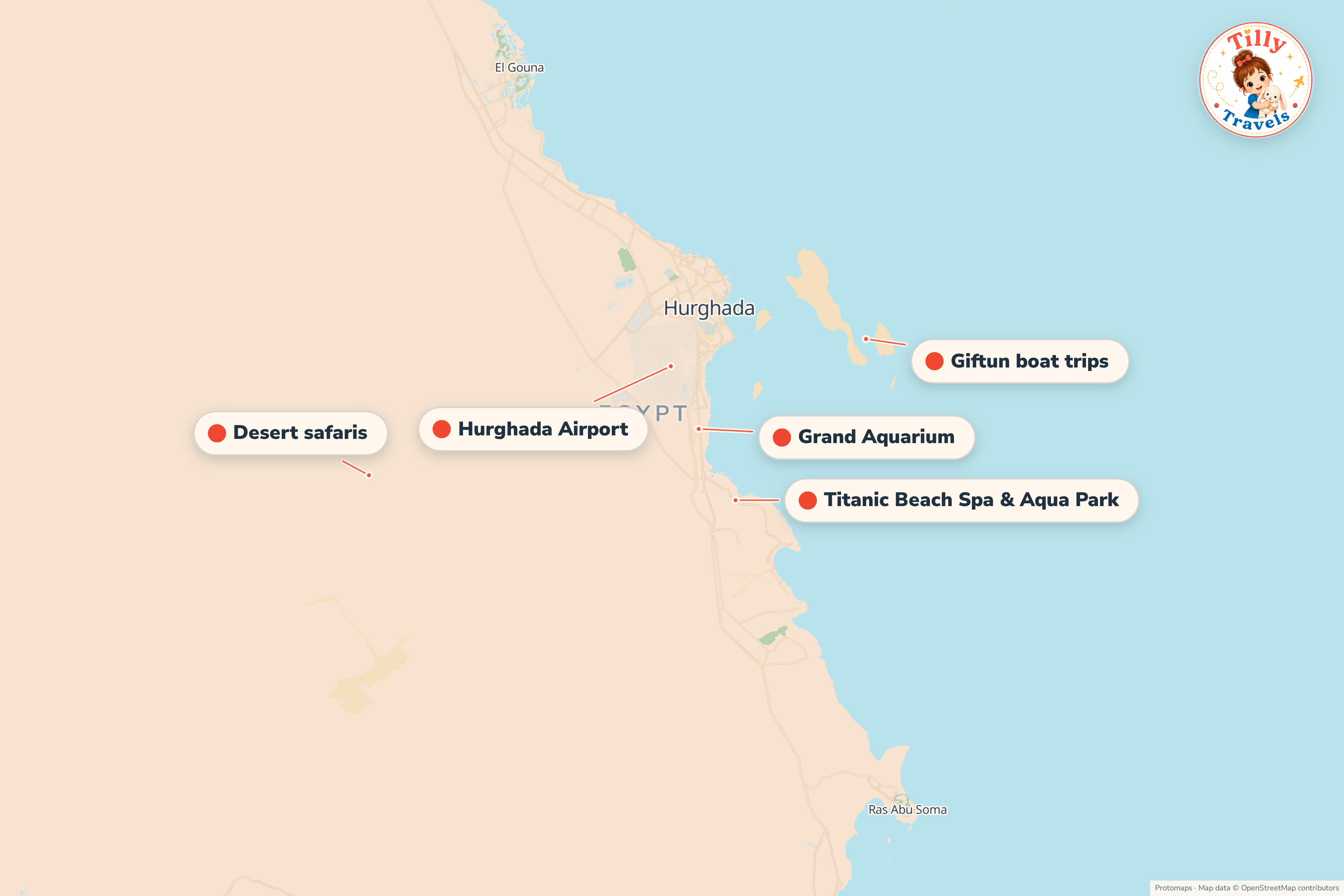 Map of the area around Titanic Beach Spa & Aqua Park, showing the resort, the nearest airport and the main family days out