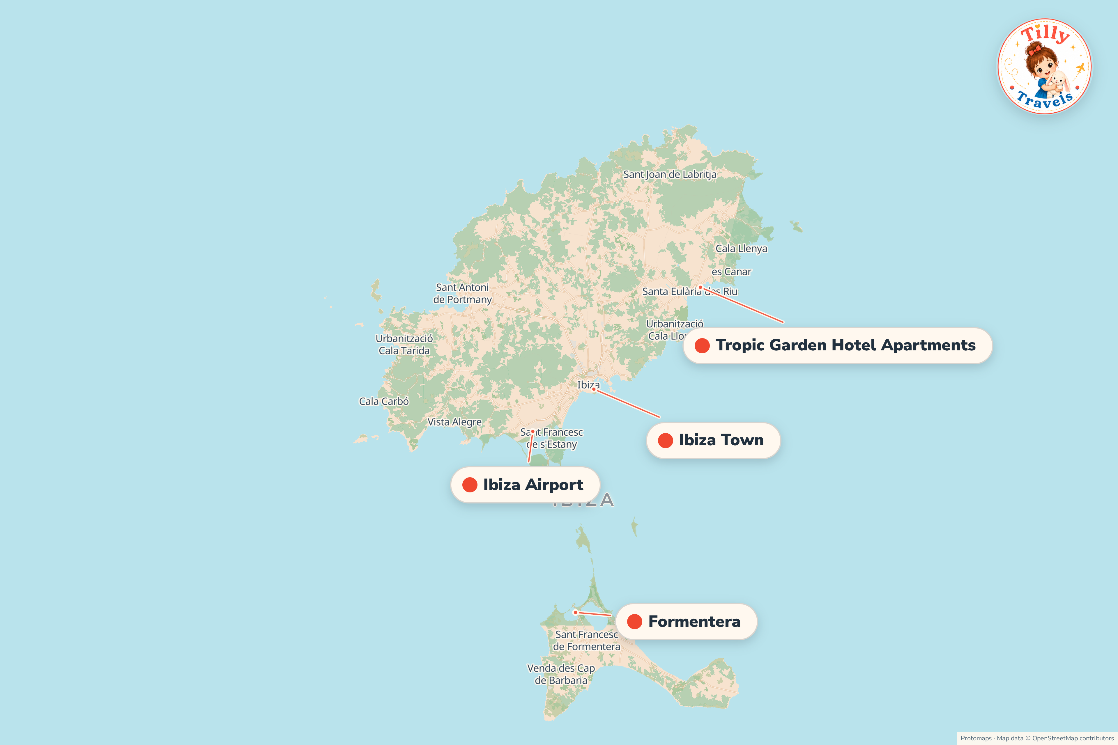 Map of the area around Tropic Garden Hotel Apartments, showing the resort, the nearest airport and the main family days out