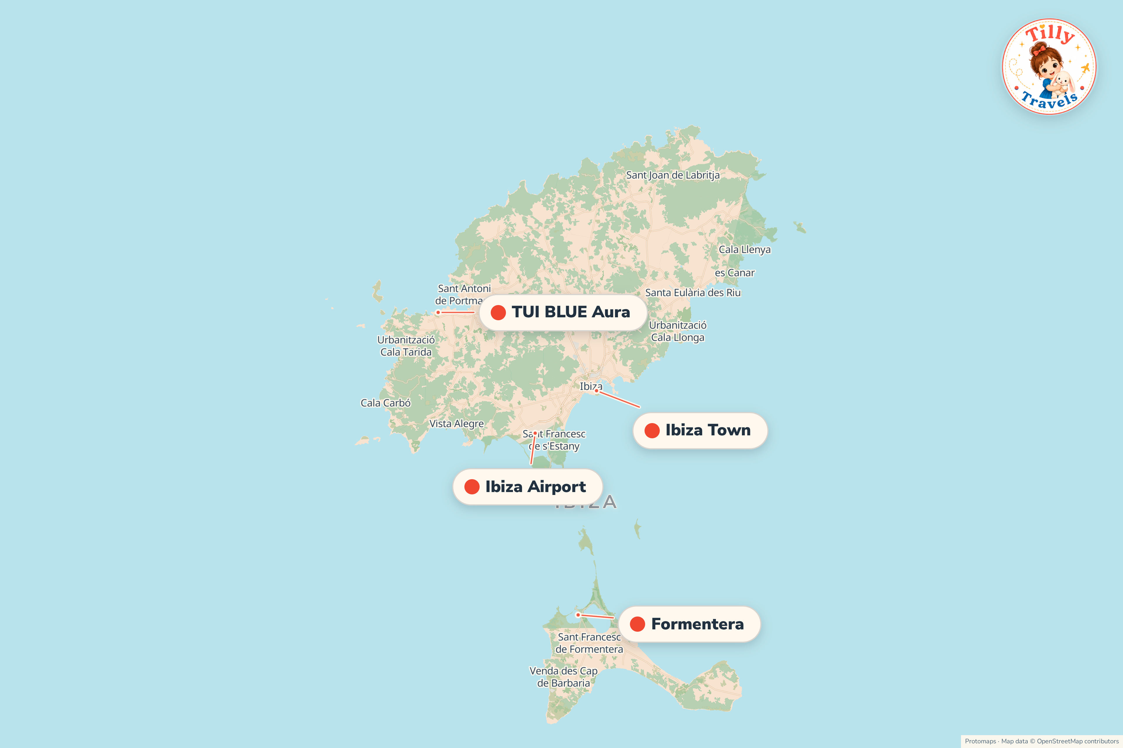 Map of the area around TUI BLUE Aura, showing the resort, the nearest airport and the main family days out