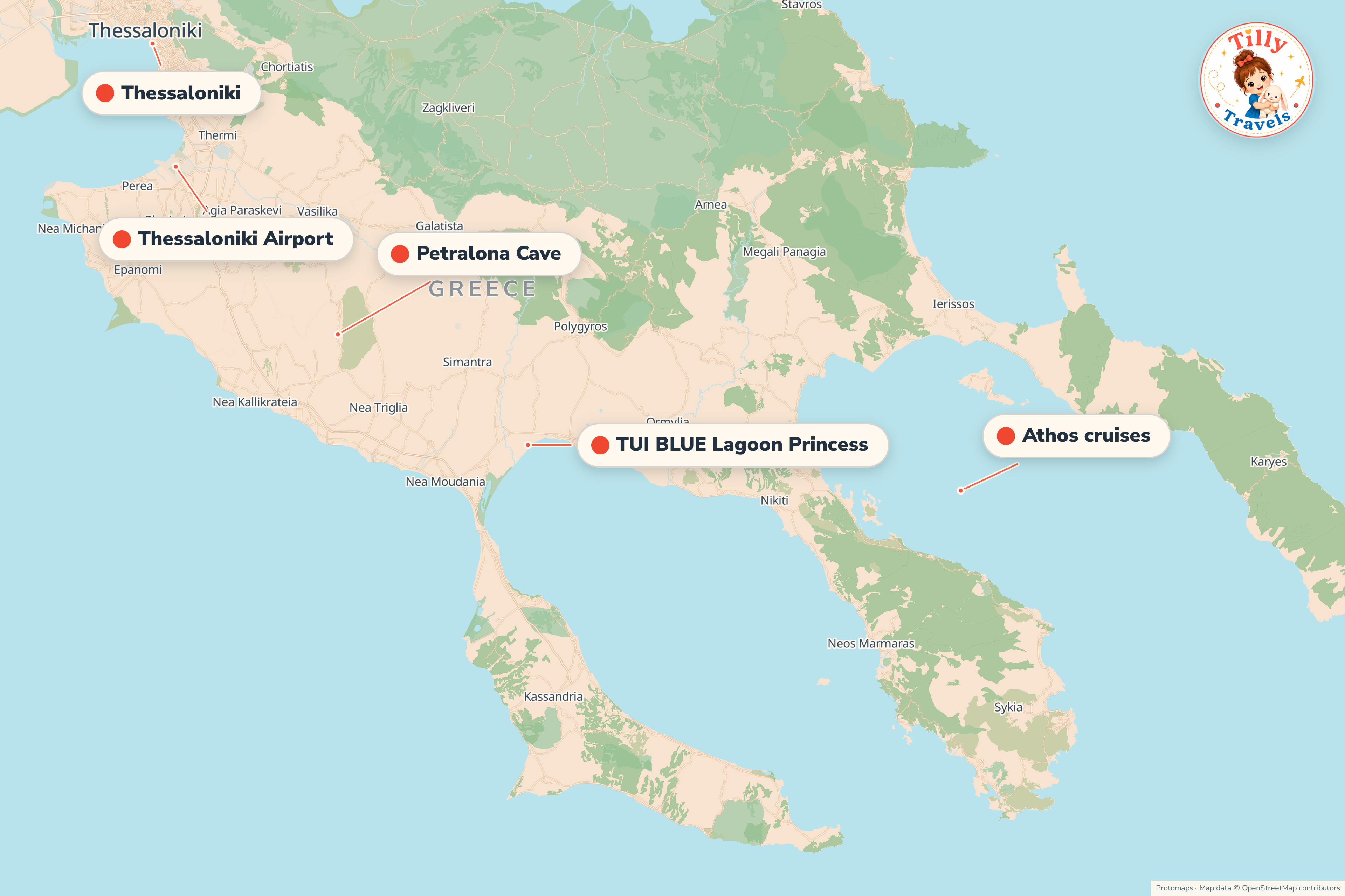 Map of the area around TUI BLUE Lagoon Princess, showing the resort, the nearest airport and the main family days out