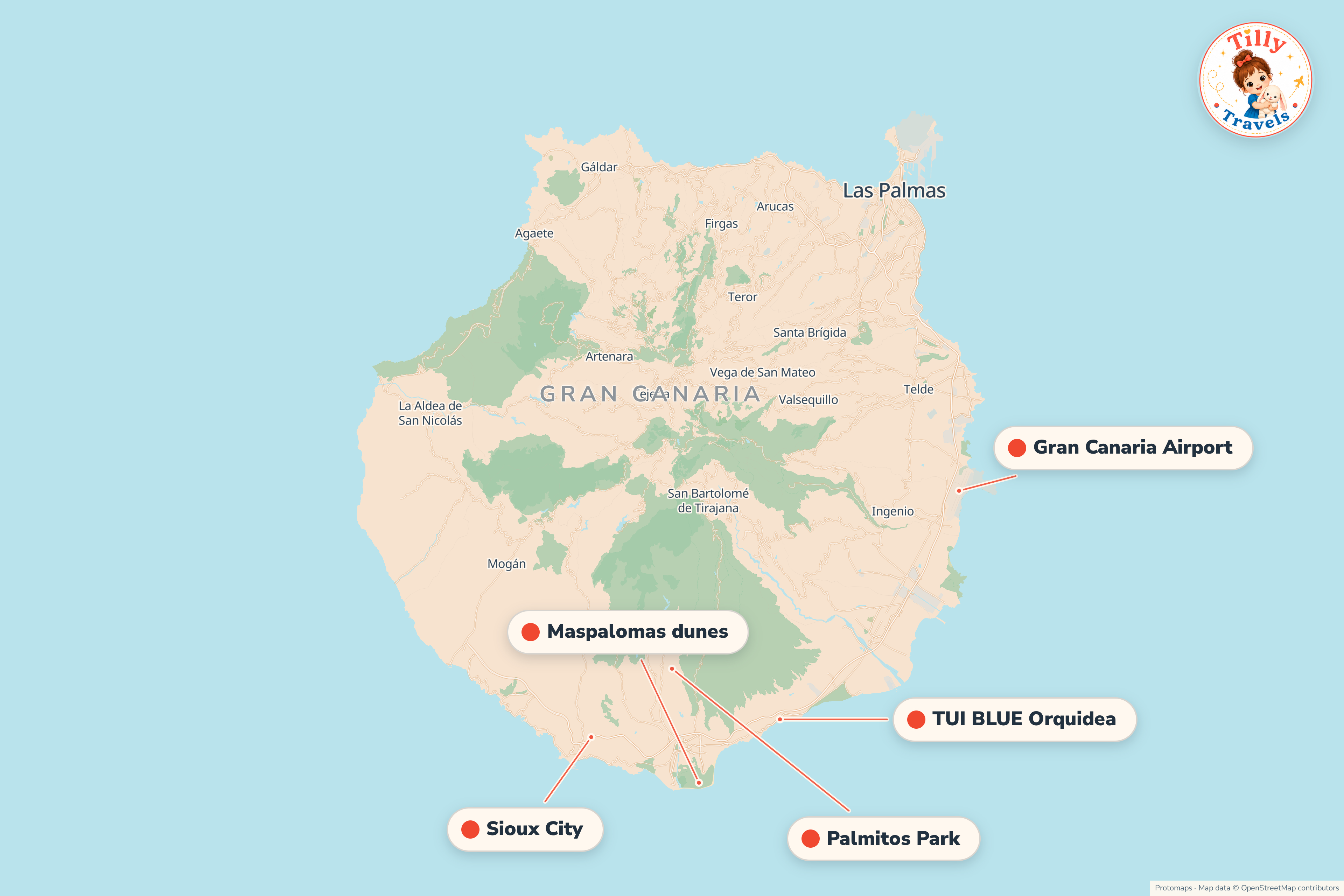 Map of the area around TUI BLUE Orquidea, showing the resort, the nearest airport and the main family days out