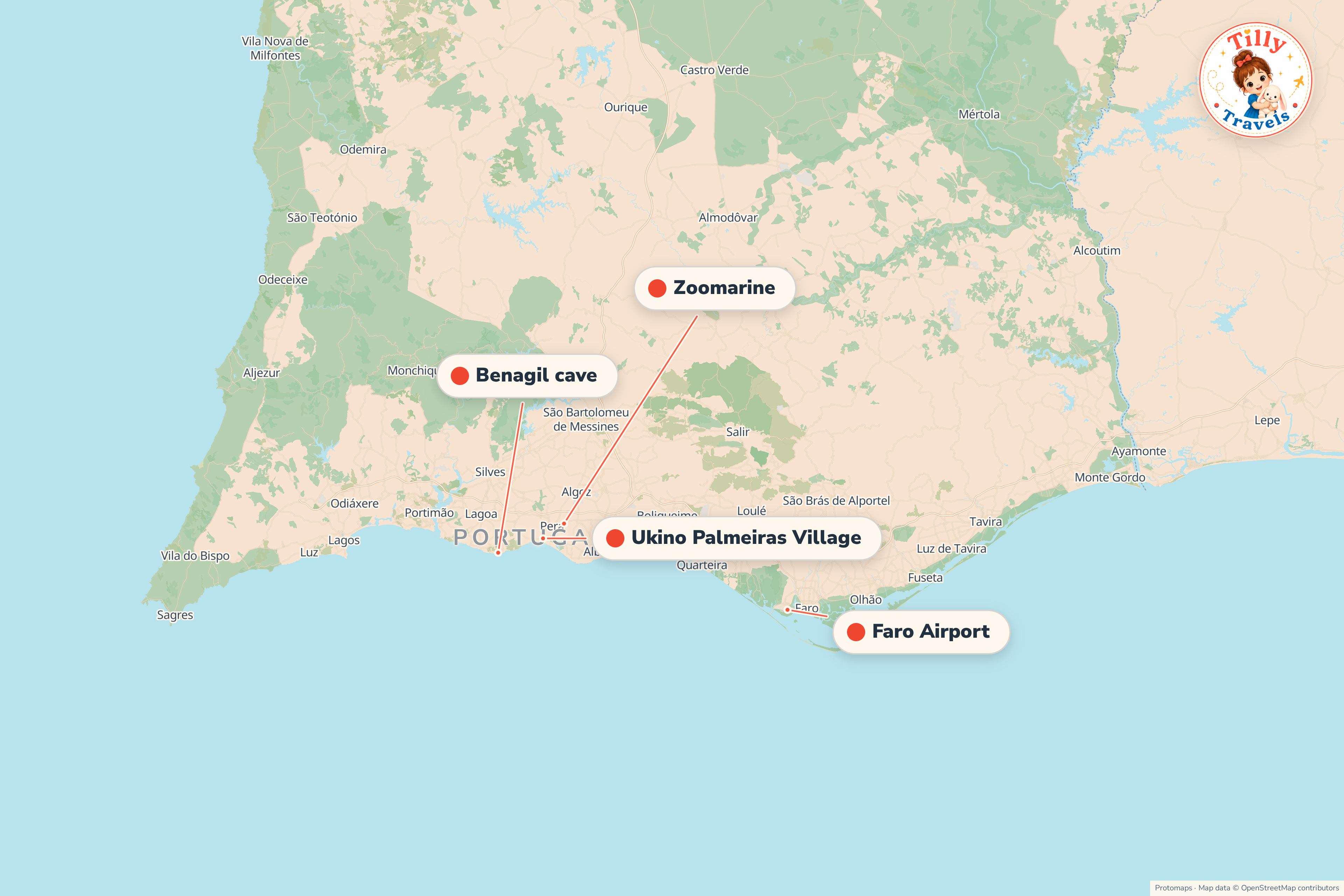 Map of the area around Ukino Palmeiras Village, showing the resort, the nearest airport and the main family days out