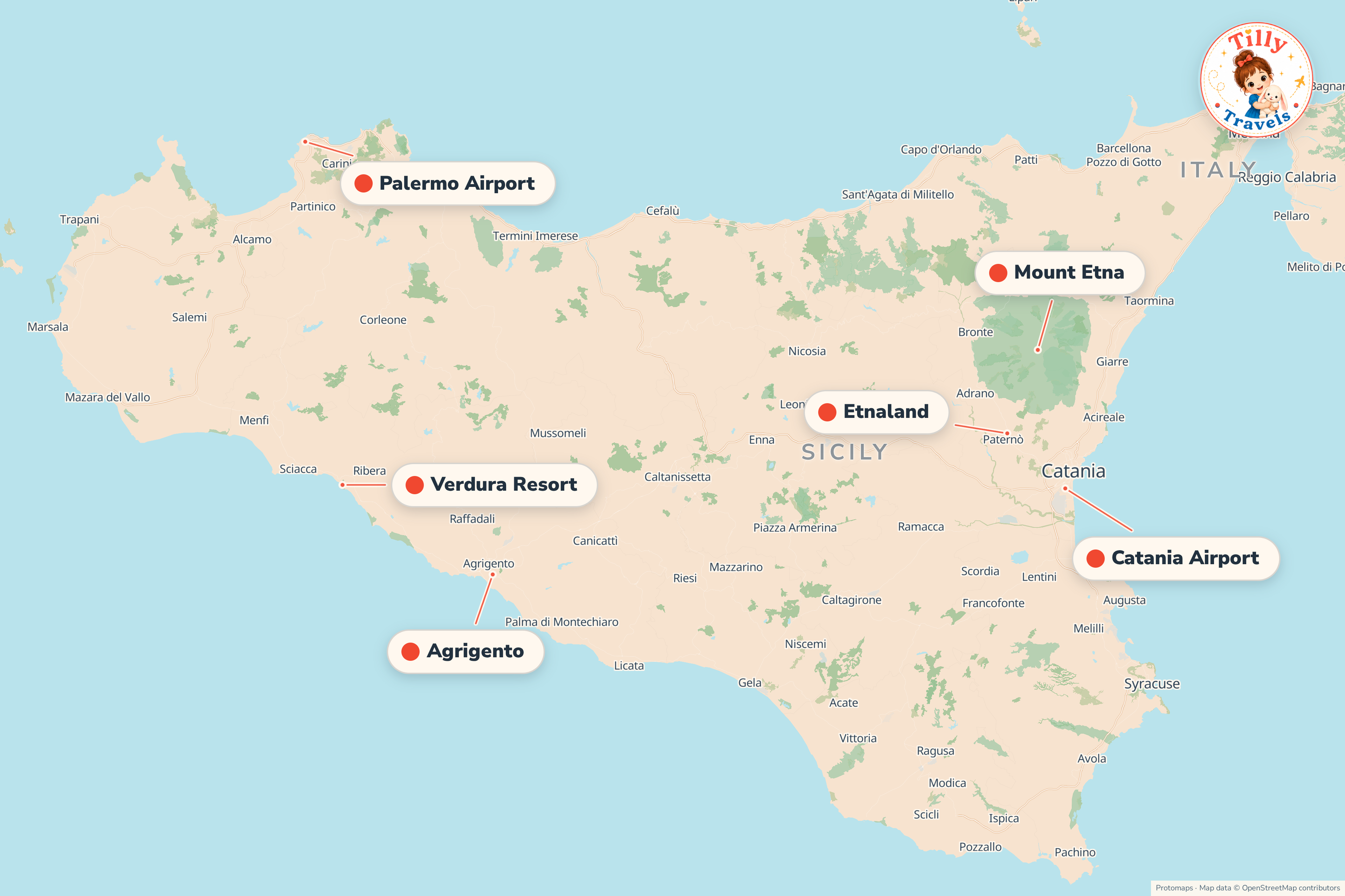 Map of the area around Verdura Resort, showing the resort, the nearest airport and the main family days out
