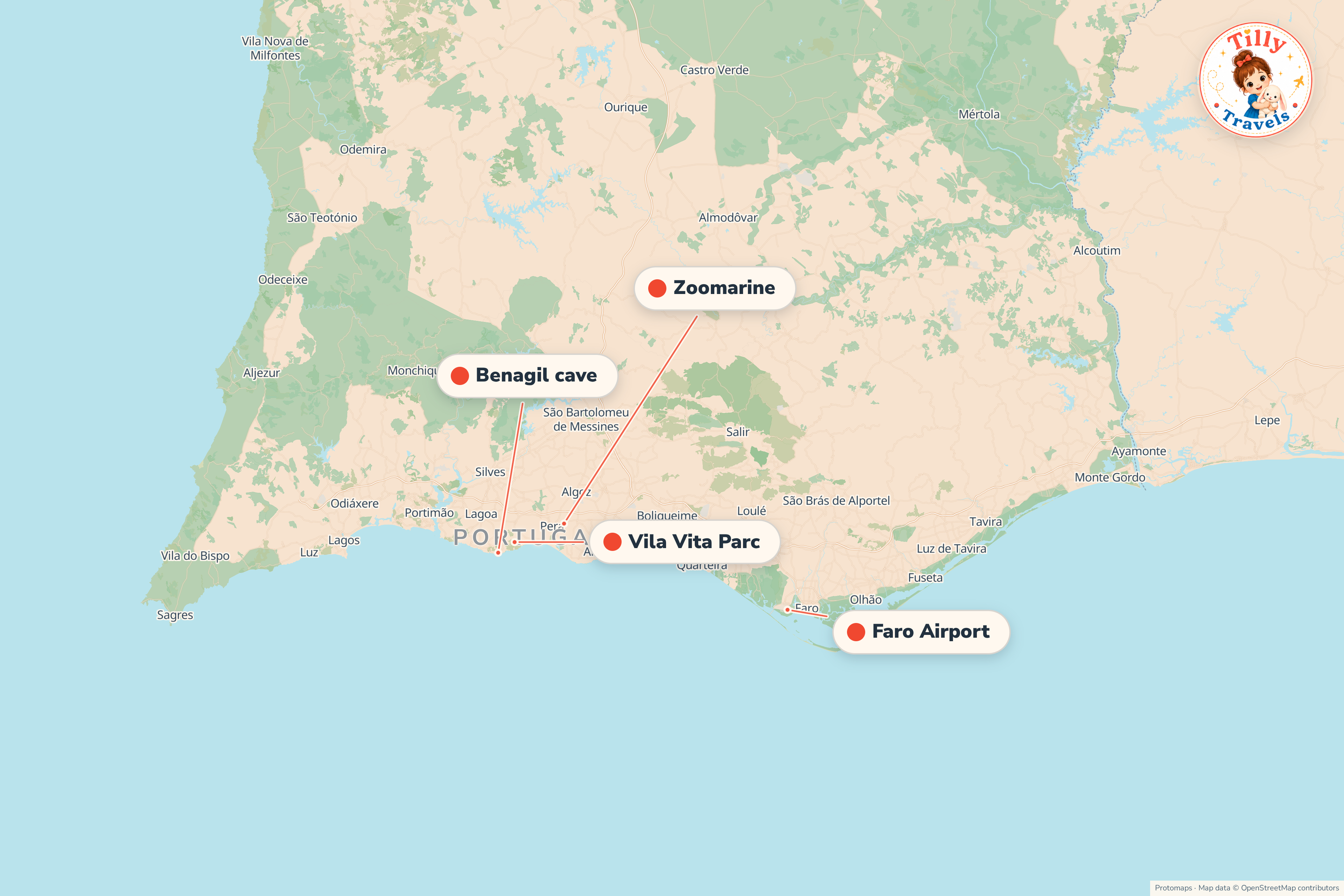 Map of the area around Vila Vita Parc, showing the resort, the nearest airport and the main family days out