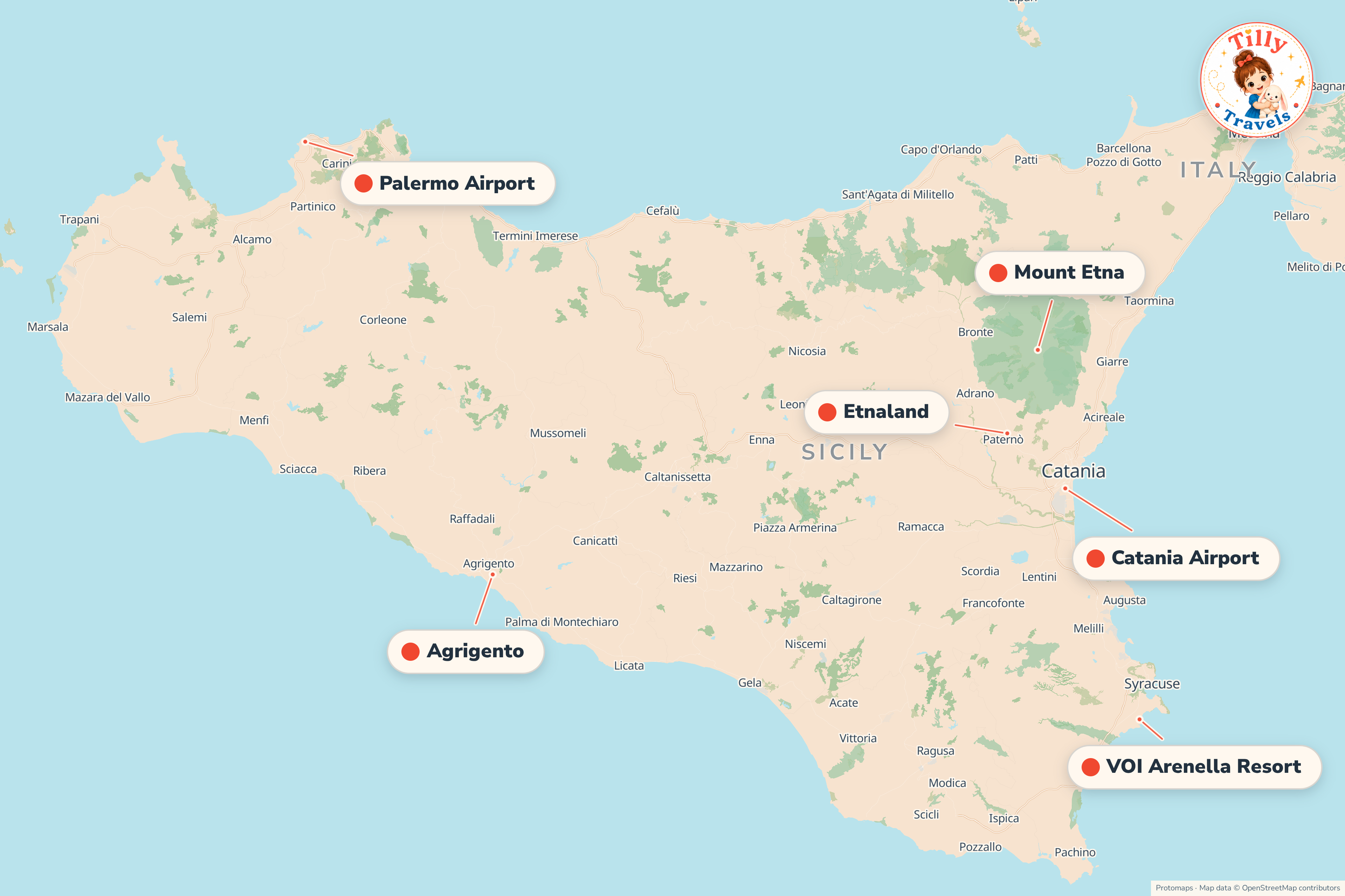 Map of the area around VOI Arenella Resort, showing the resort, the nearest airport and the main family days out