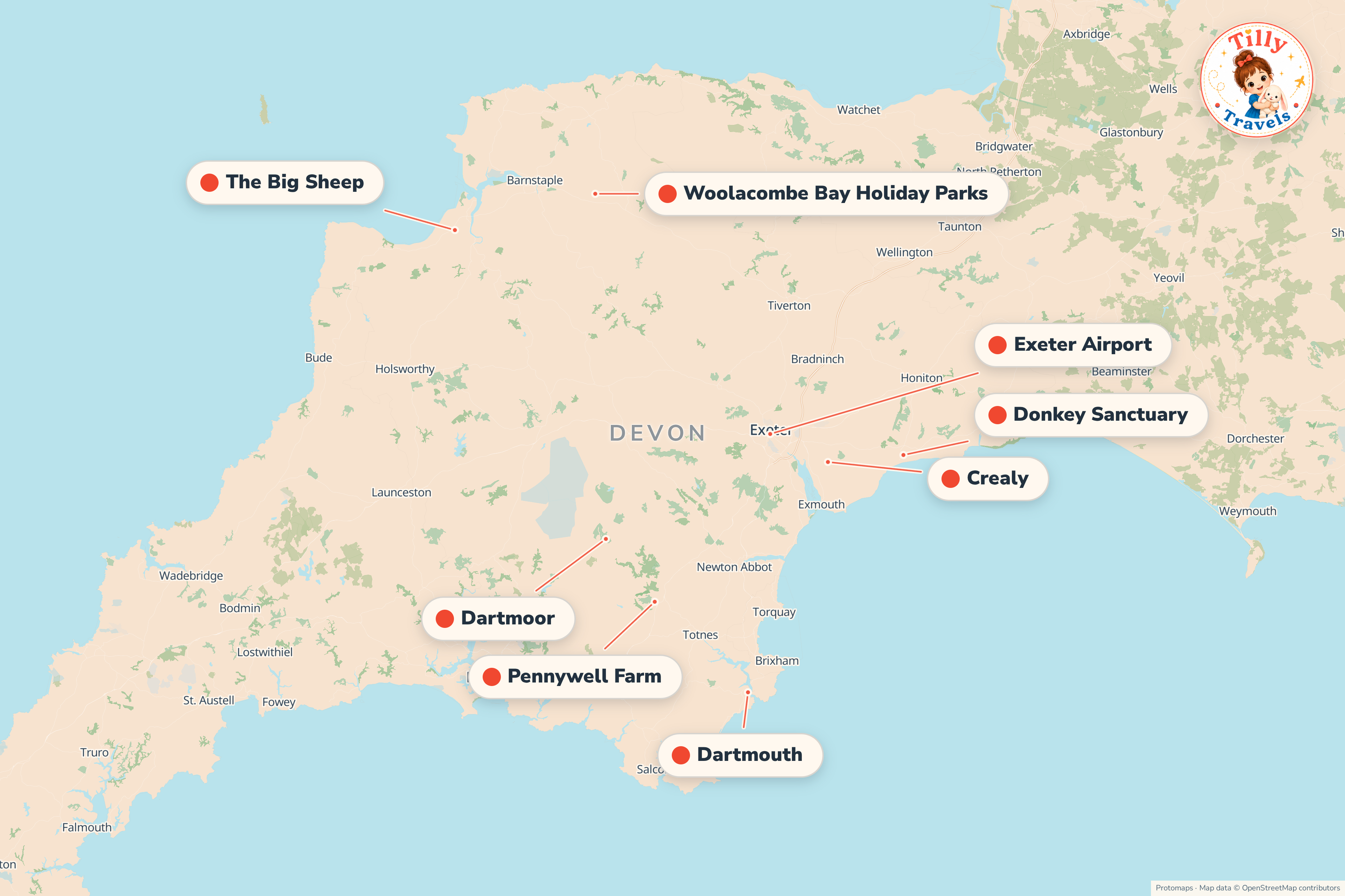 Map of the area around Woolacombe Bay Holiday Parks, showing the resort, the nearest airport and the main family days out
