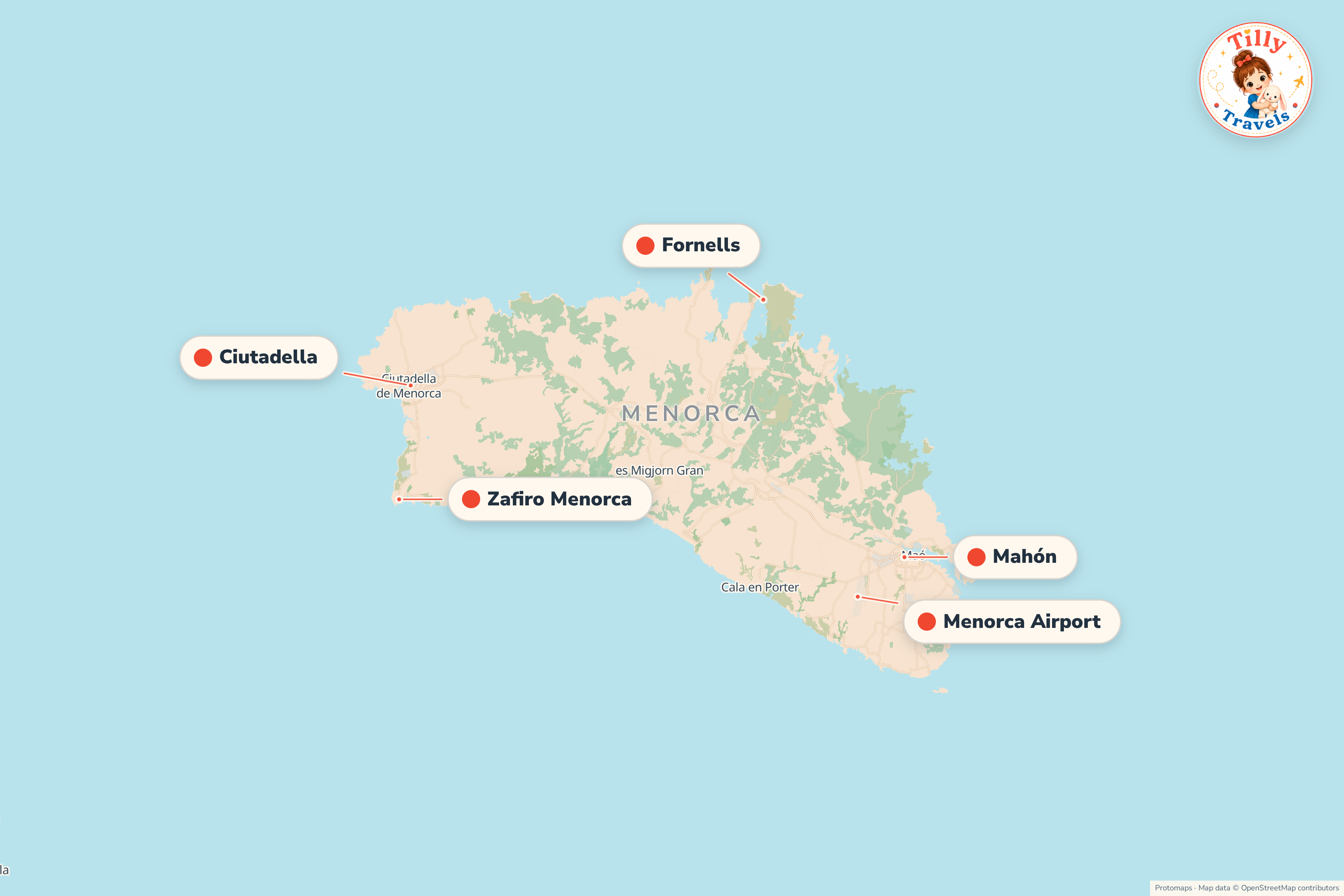 Map of the area around Zafiro Menorca, showing the resort, the nearest airport and the main family days out