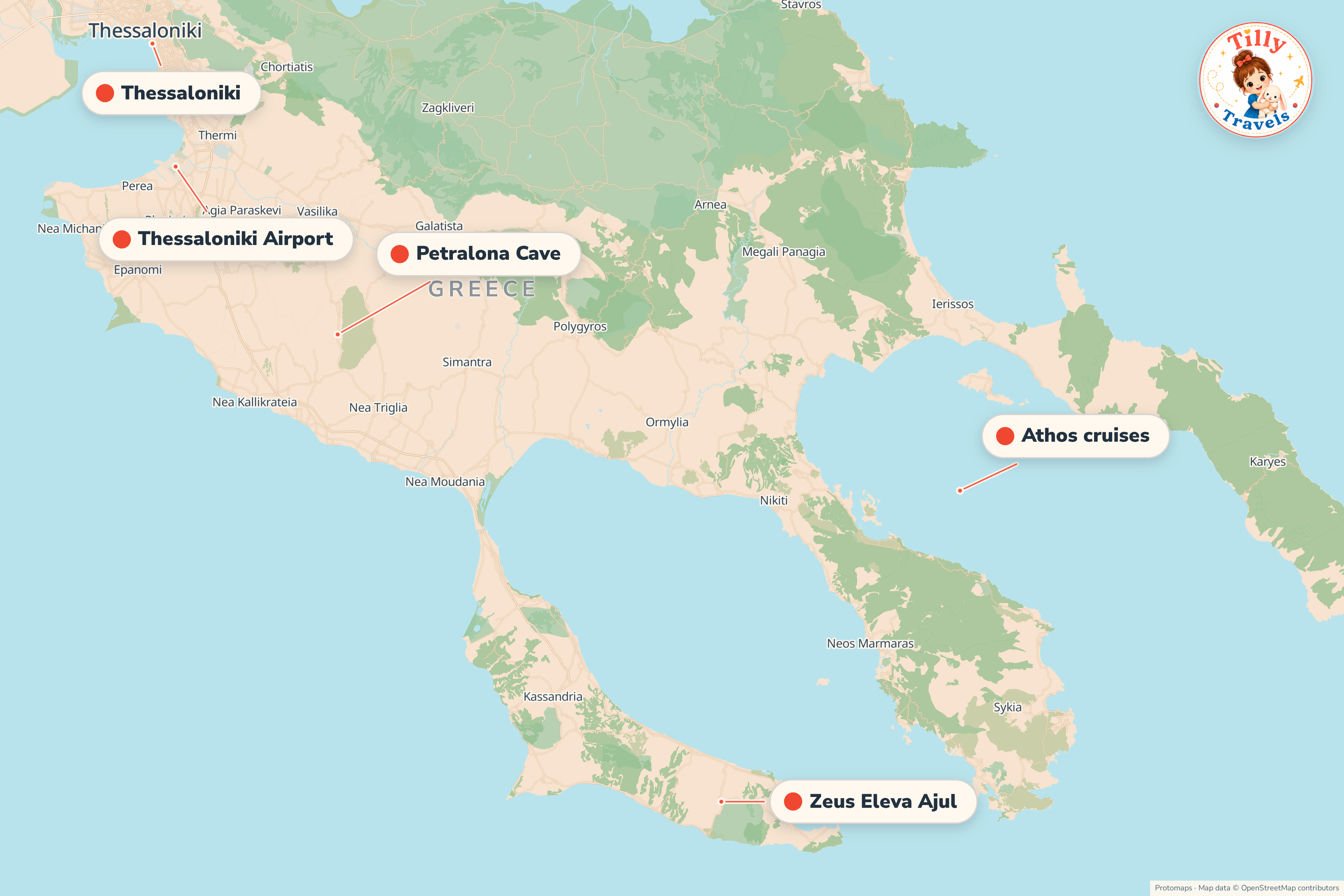 Map of the area around Zeus Eleva Ajul, showing the resort, the nearest airport and the main family days out