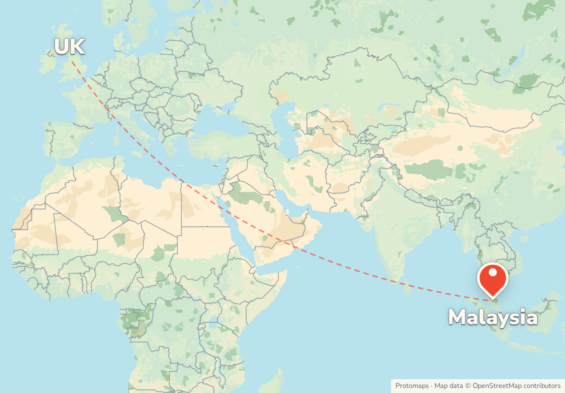 Map of the route from the UK to Malaysia, with Malaysia marked