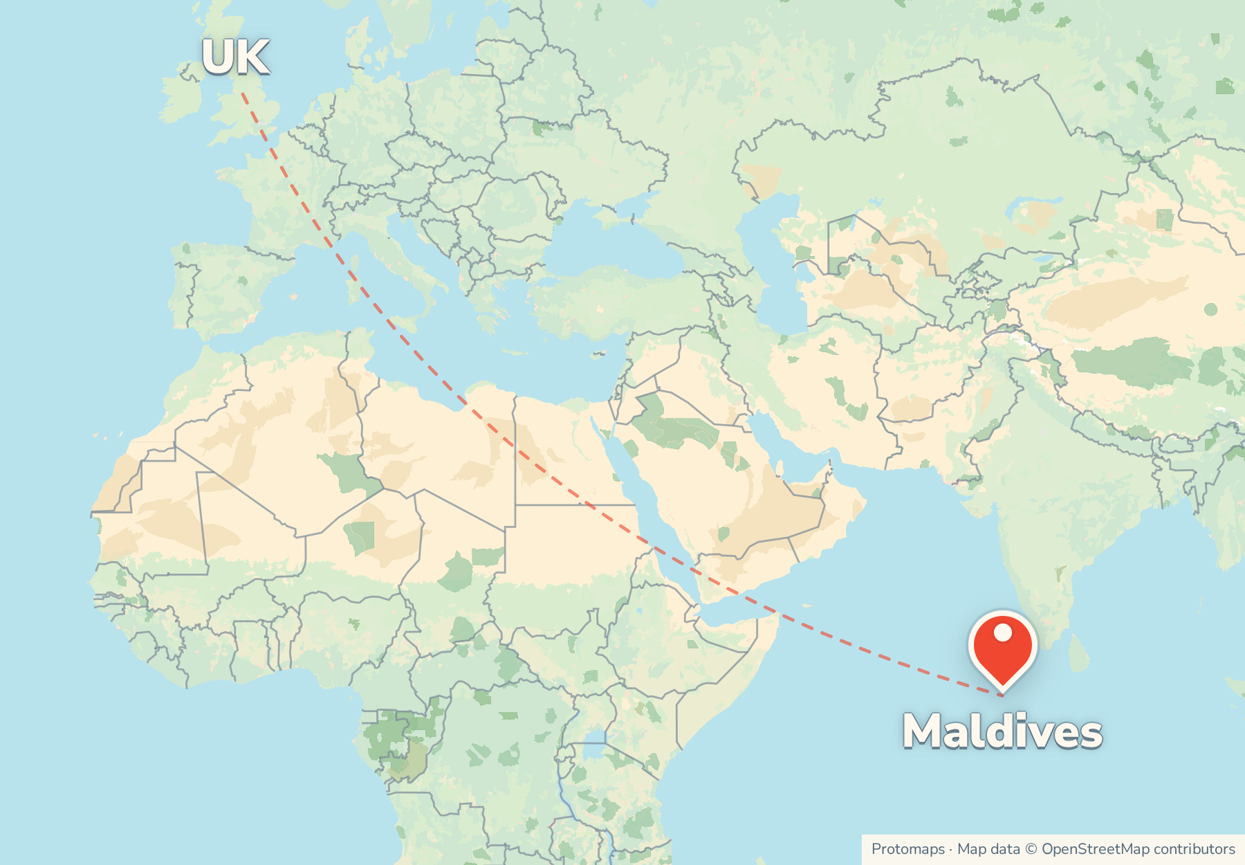 Map of the route from the UK to Maldives, with Maldives marked
