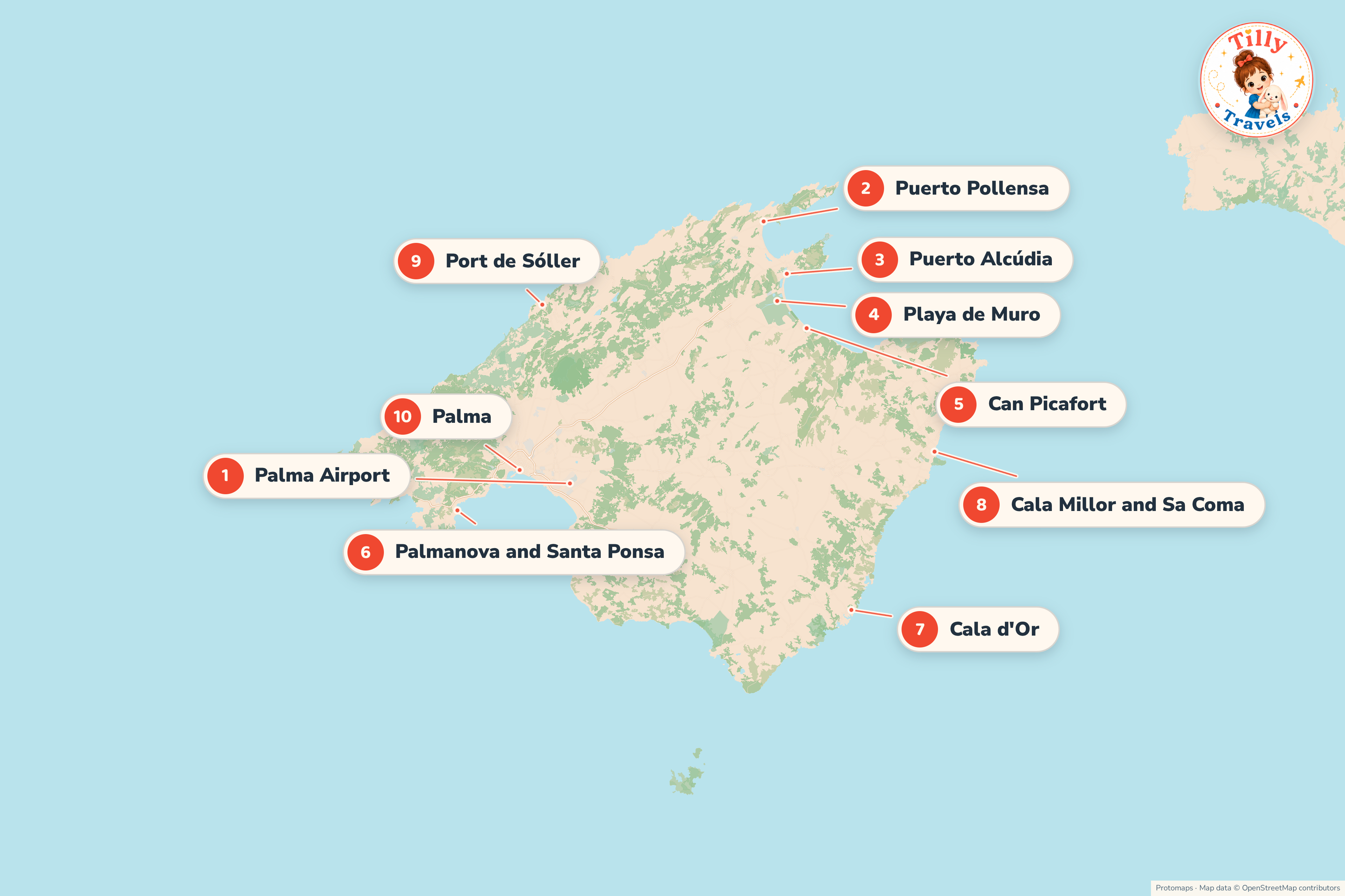Map of Mallorca showing the main family areas, the airport and the bigger days out.