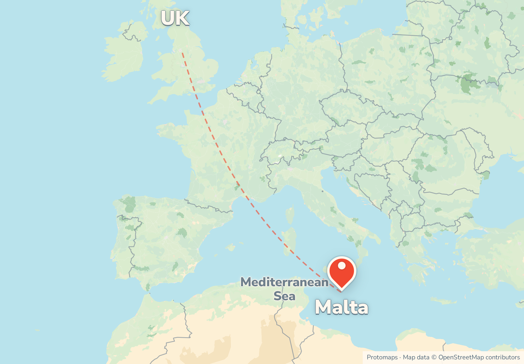 Map of the route from the UK to Malta, with Malta marked