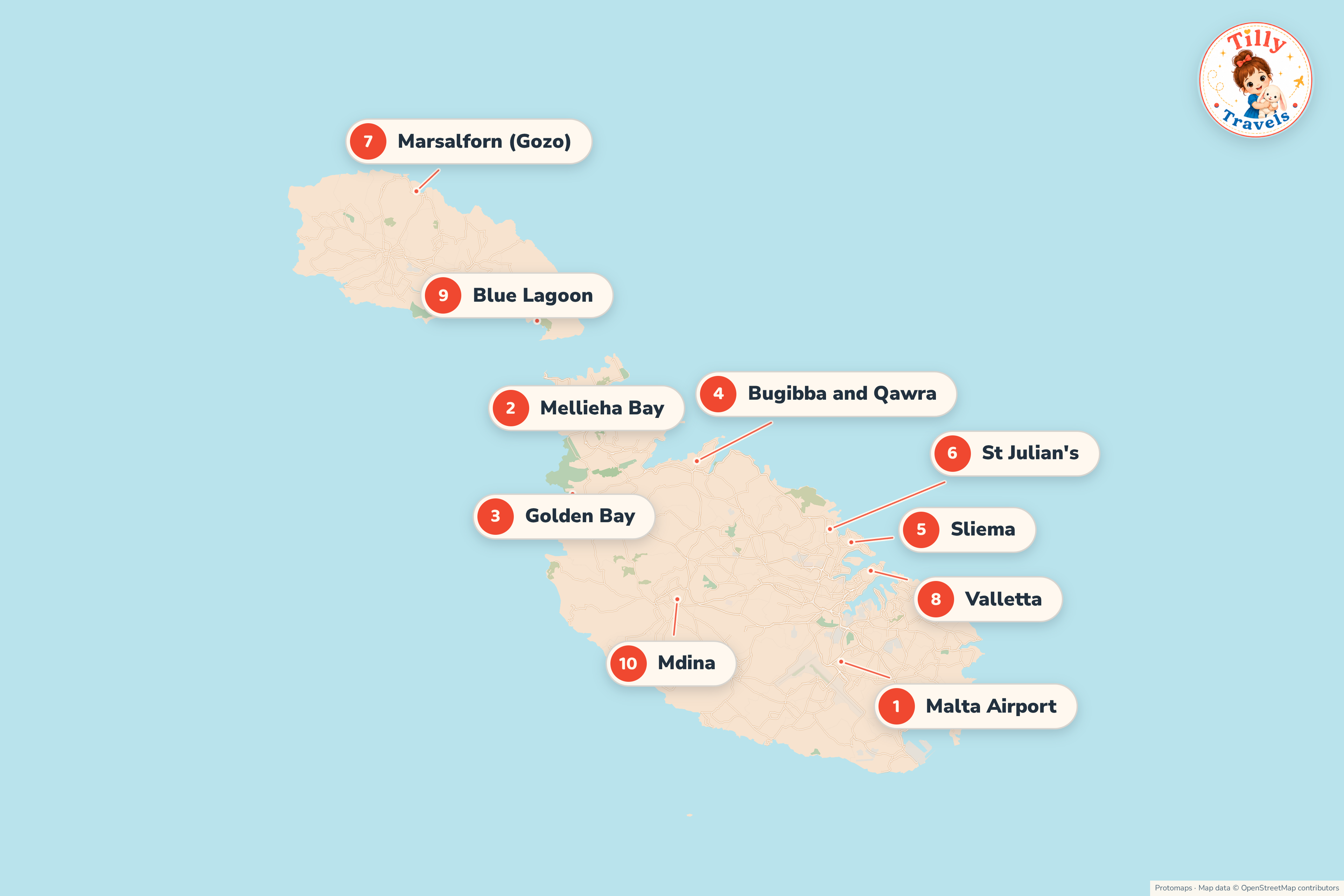 Map of the Maltese islands showing Mellieha Bay and Golden Bay in the north of Malta, Bugibba, Sliema and St Julian's on the east coast, Valletta and the airport in the south-east, Marsalforn on Gozo and the Blue Lagoon at Comino between the islands.