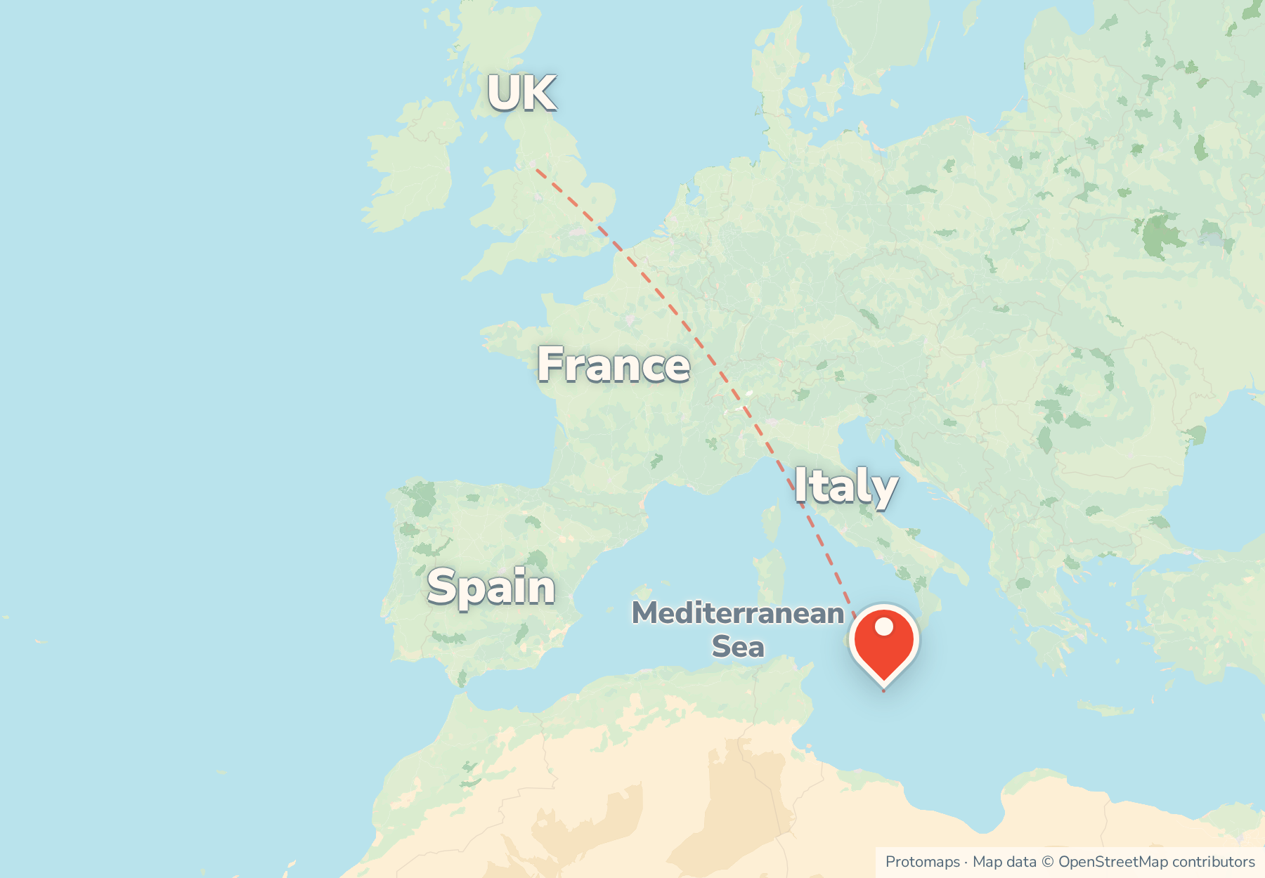 Locator map showing Malta in the central Mediterranean south of Sicily, with Italy, France and the UK to the north.