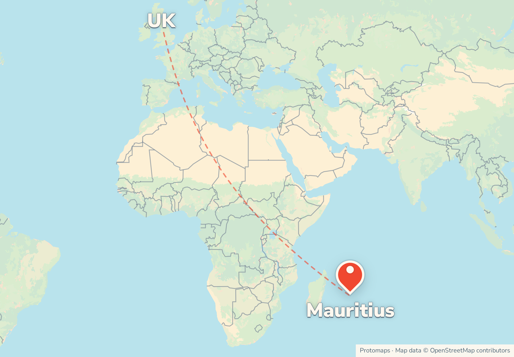 Map of the route from the UK to Mauritius, with Mauritius marked