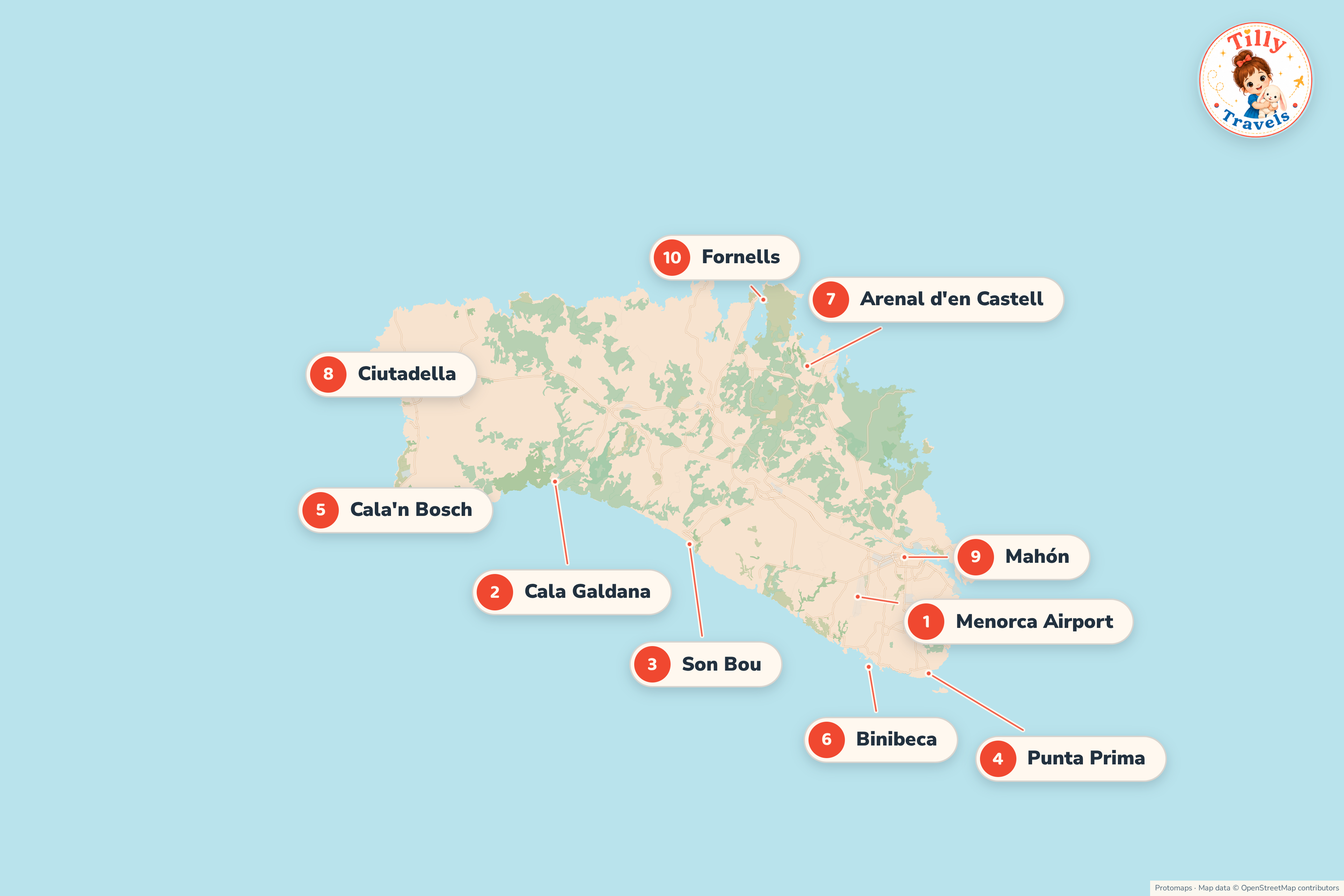 Map of Menorca showing the main family resorts on the south and north coasts, the airport and the towns of Mahón and Ciutadella.