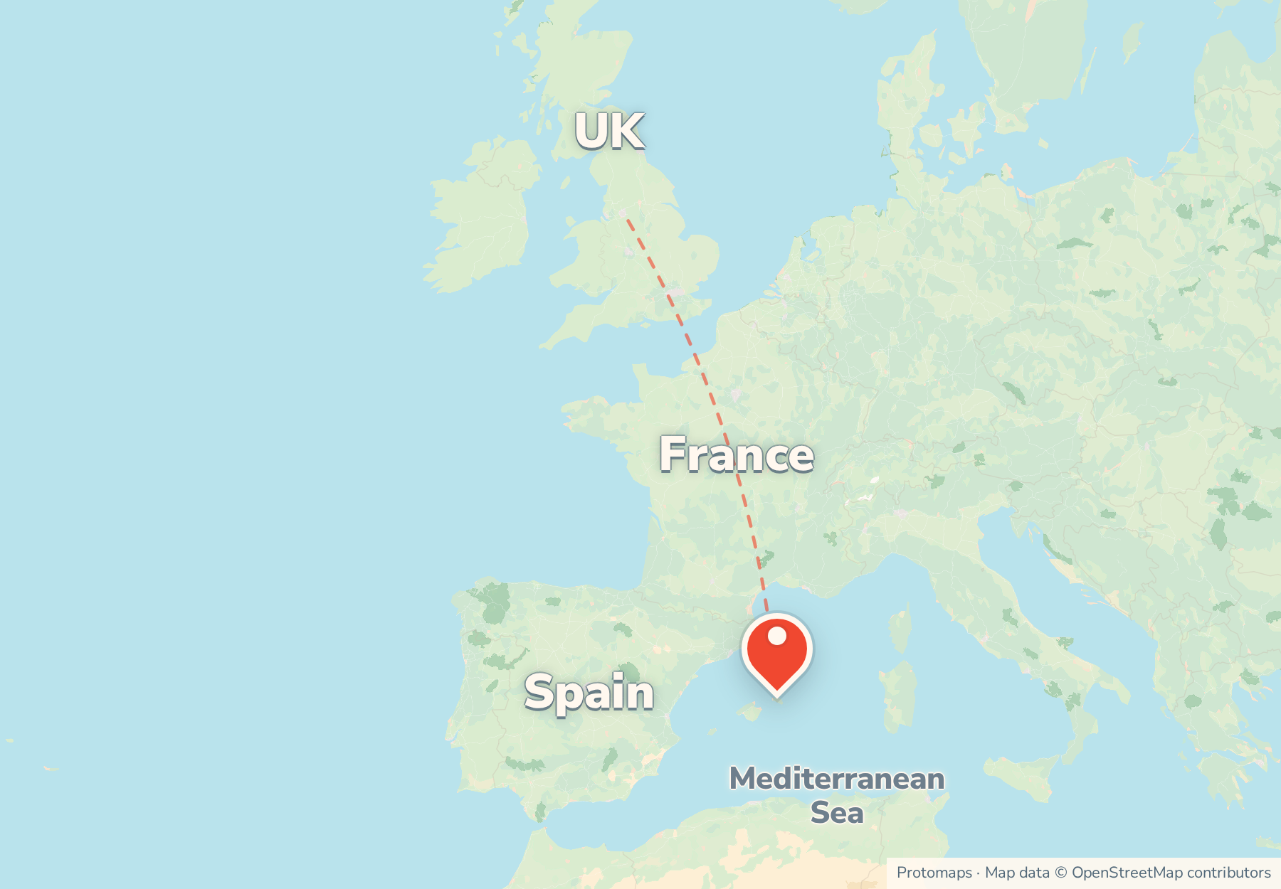 Locator map showing Menorca at the eastern end of the Balearic Islands, with Spain, France and the UK to the north.