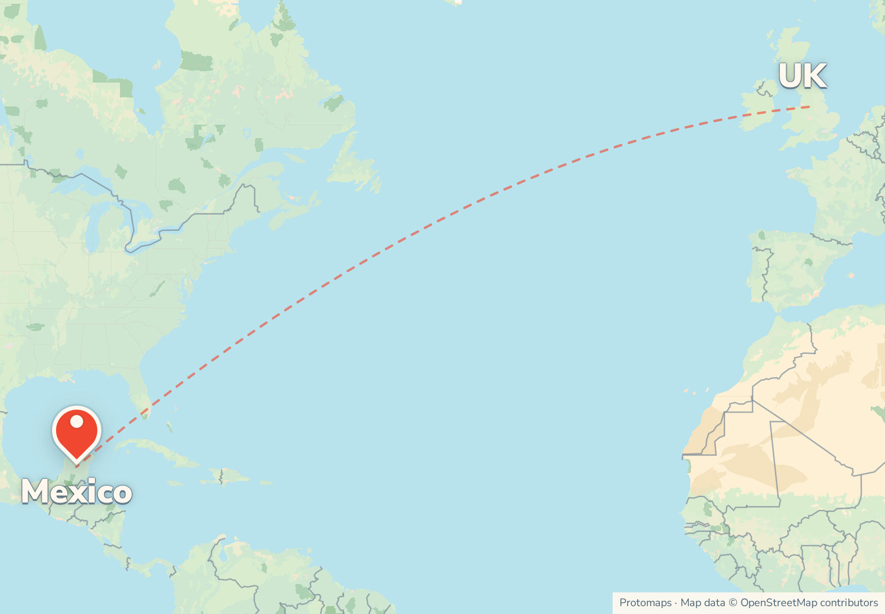 Map of the route from the UK to Mexico, with Mexico marked