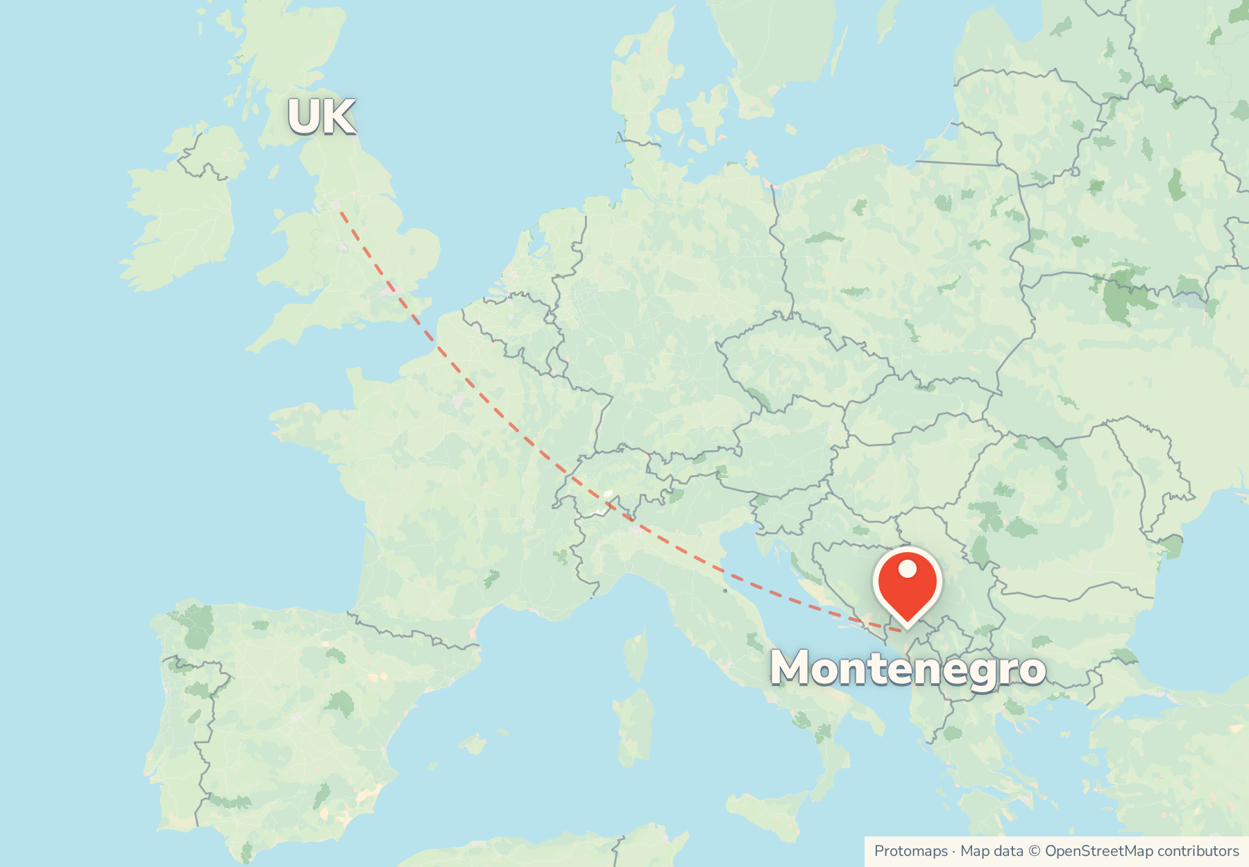 Map of the route from the UK to Montenegro, with Montenegro marked