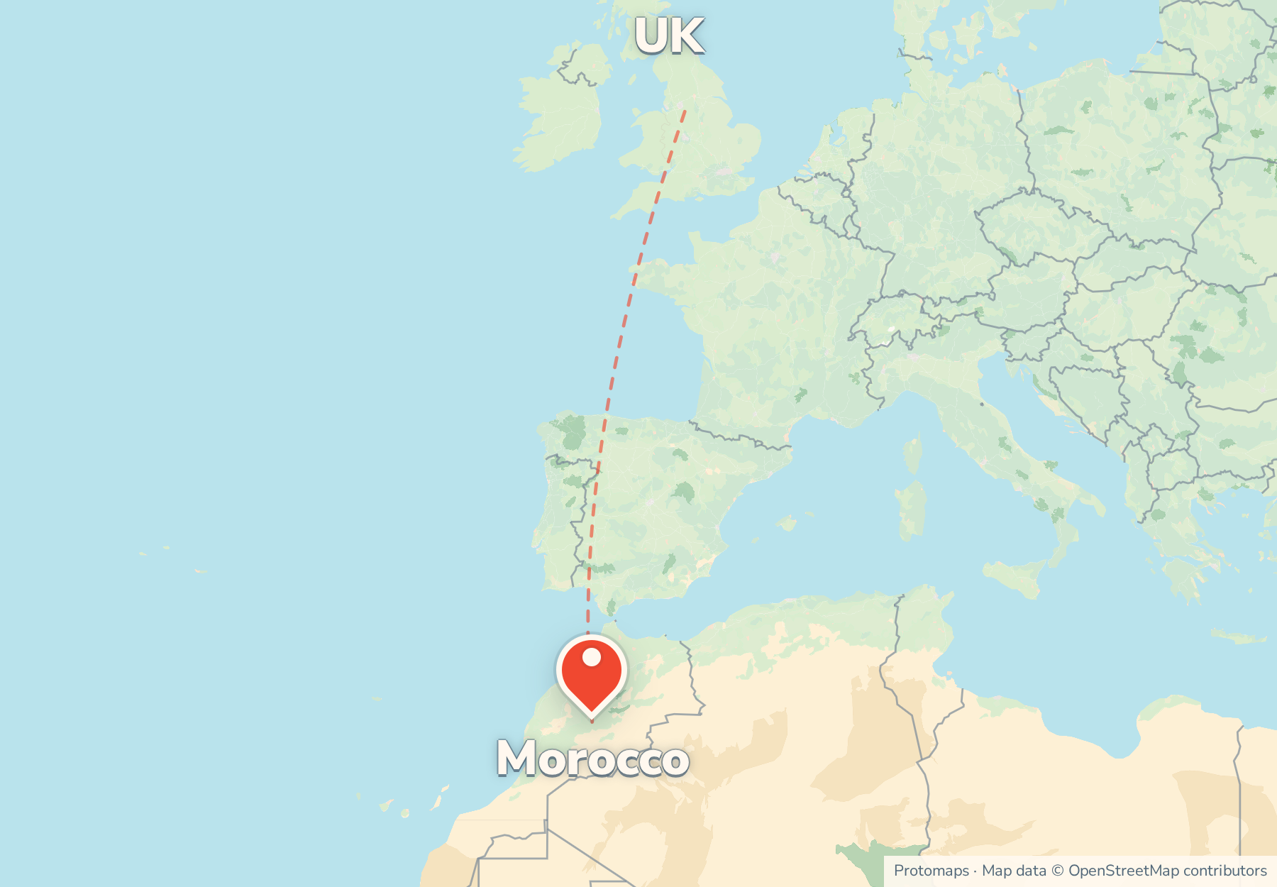 Map of the route from the UK to Morocco, with Morocco marked