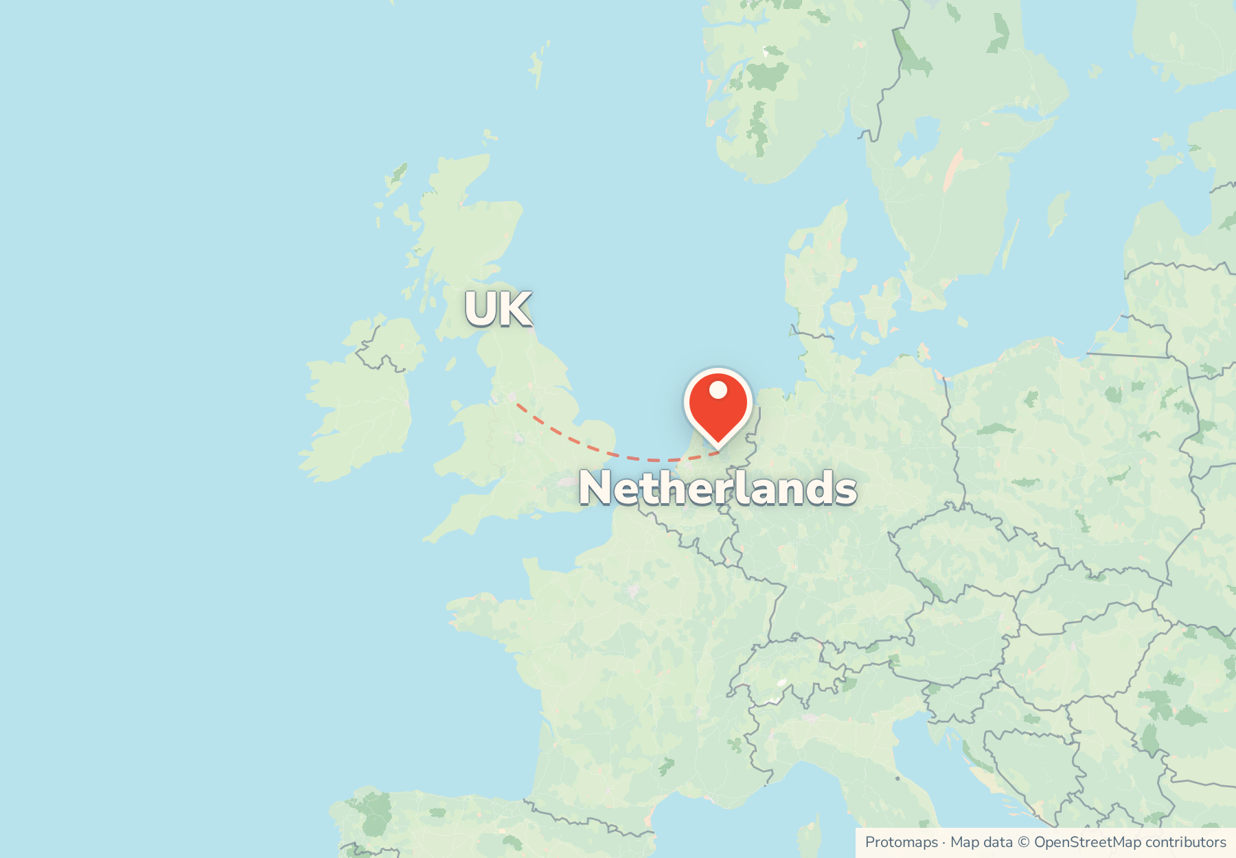 Map of the route from the UK to Netherlands, with Netherlands marked