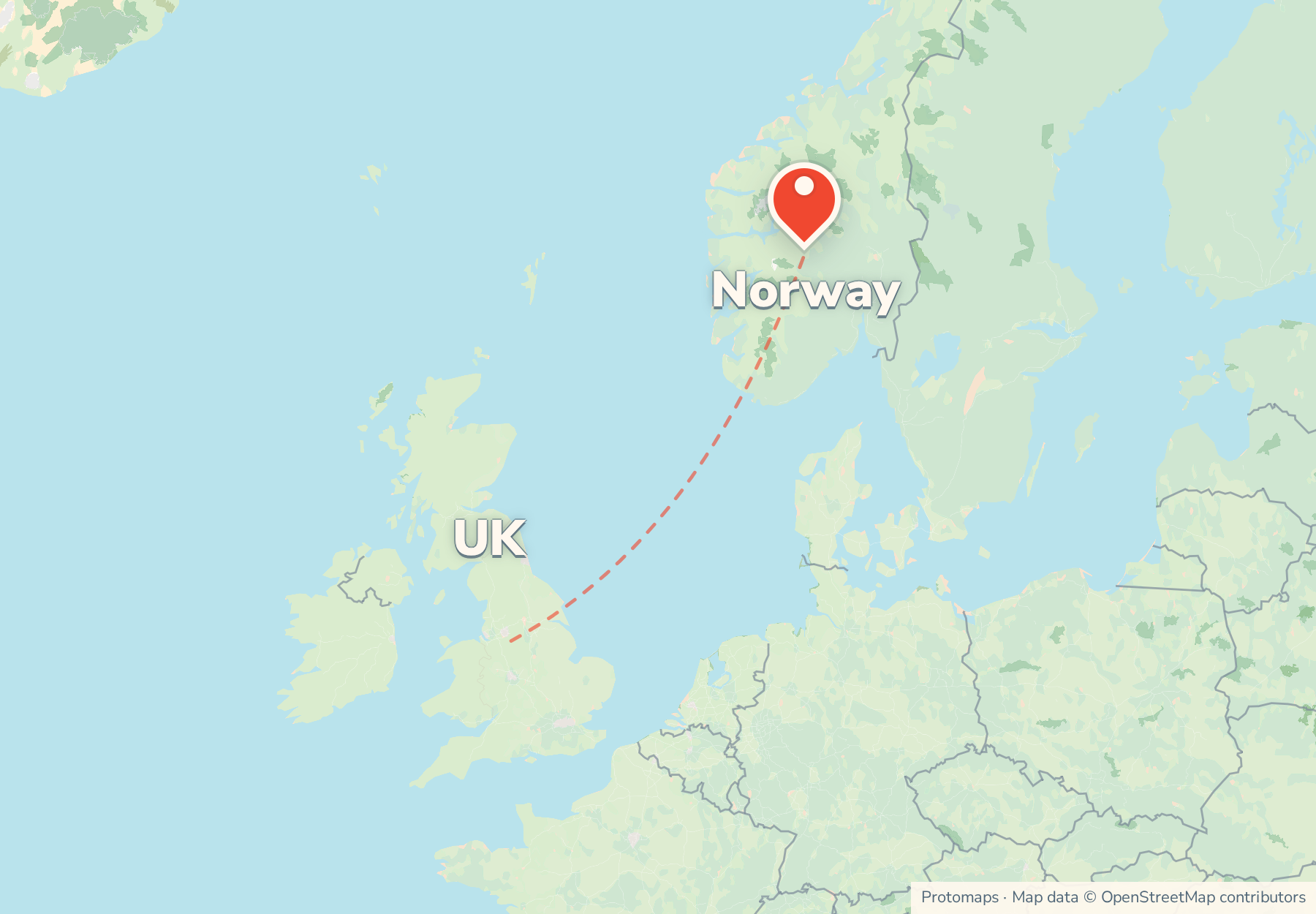 Map of the route from the UK to Norway, with Norway marked