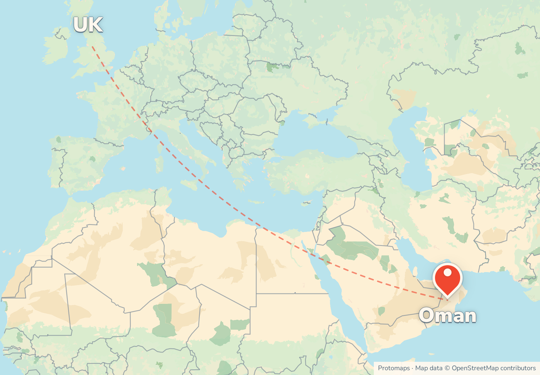 Map of the route from the UK to Oman, with Oman marked