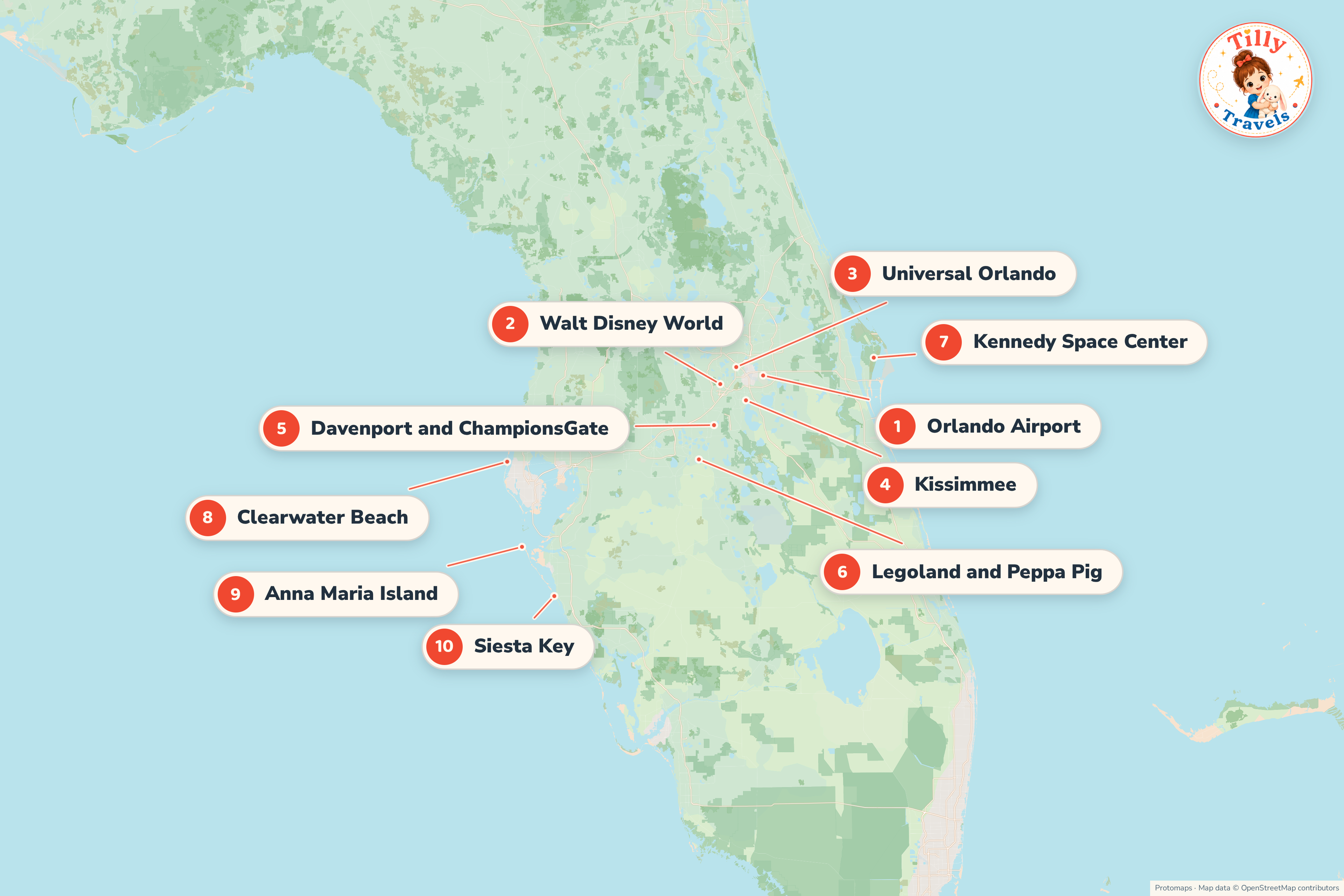 Map of the Orlando area showing the parks and villa areas, the airport, the days out within reach and the beaches on both coasts.