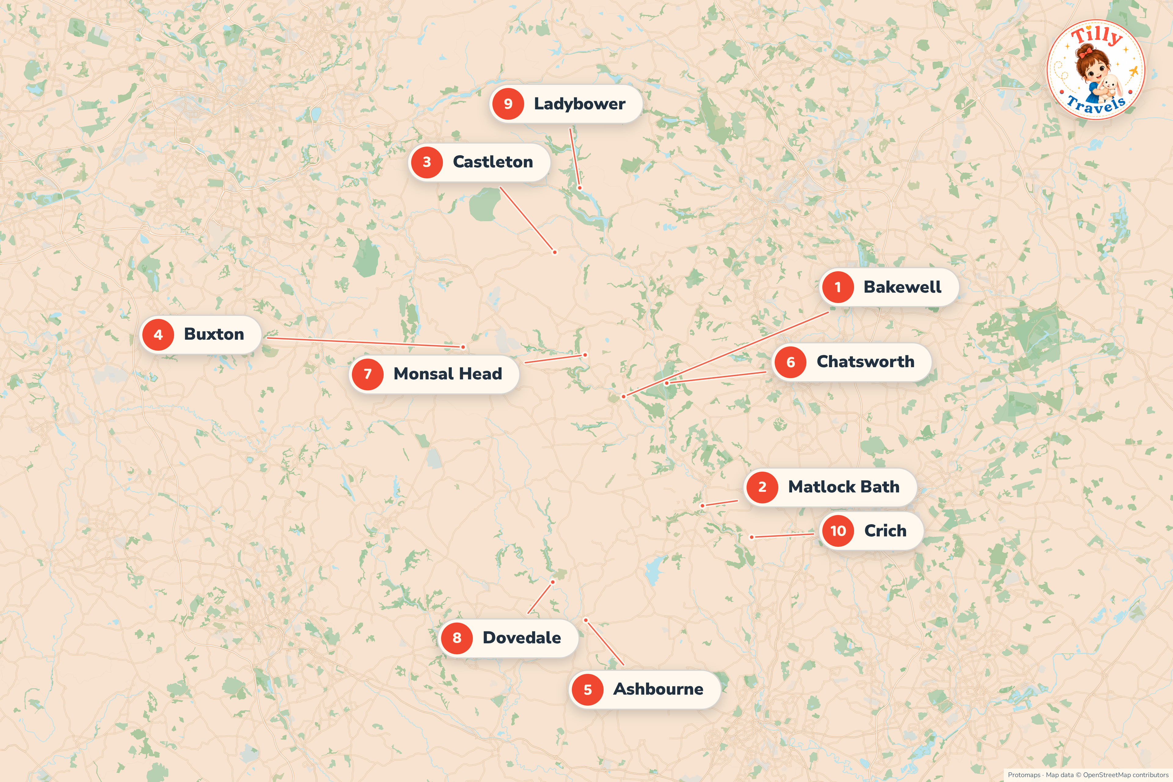 Map of the Peak District showing Bakewell, Matlock, Castleton, Buxton, Ashbourne and the main family attractions.