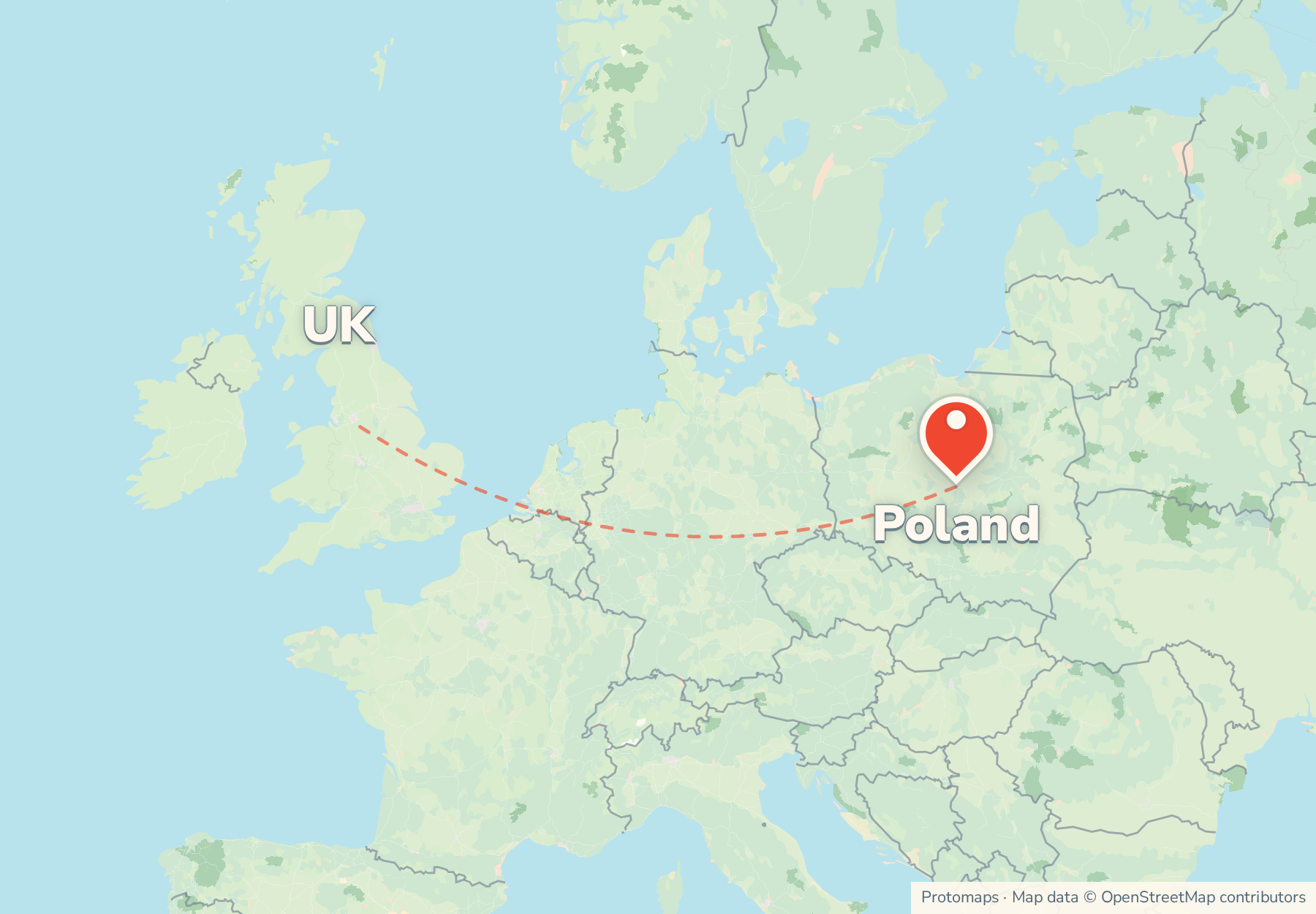 Map of the route from the UK to Poland, with Poland marked