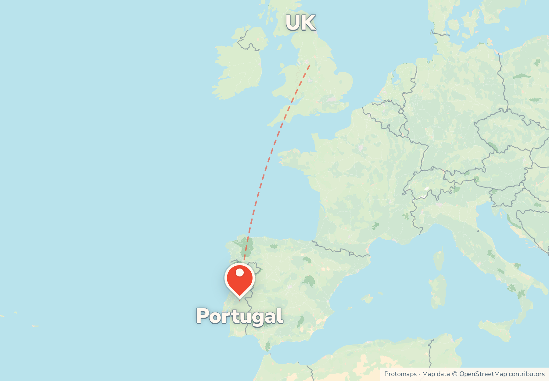 Map of the route from the UK to Portugal, with Portugal marked