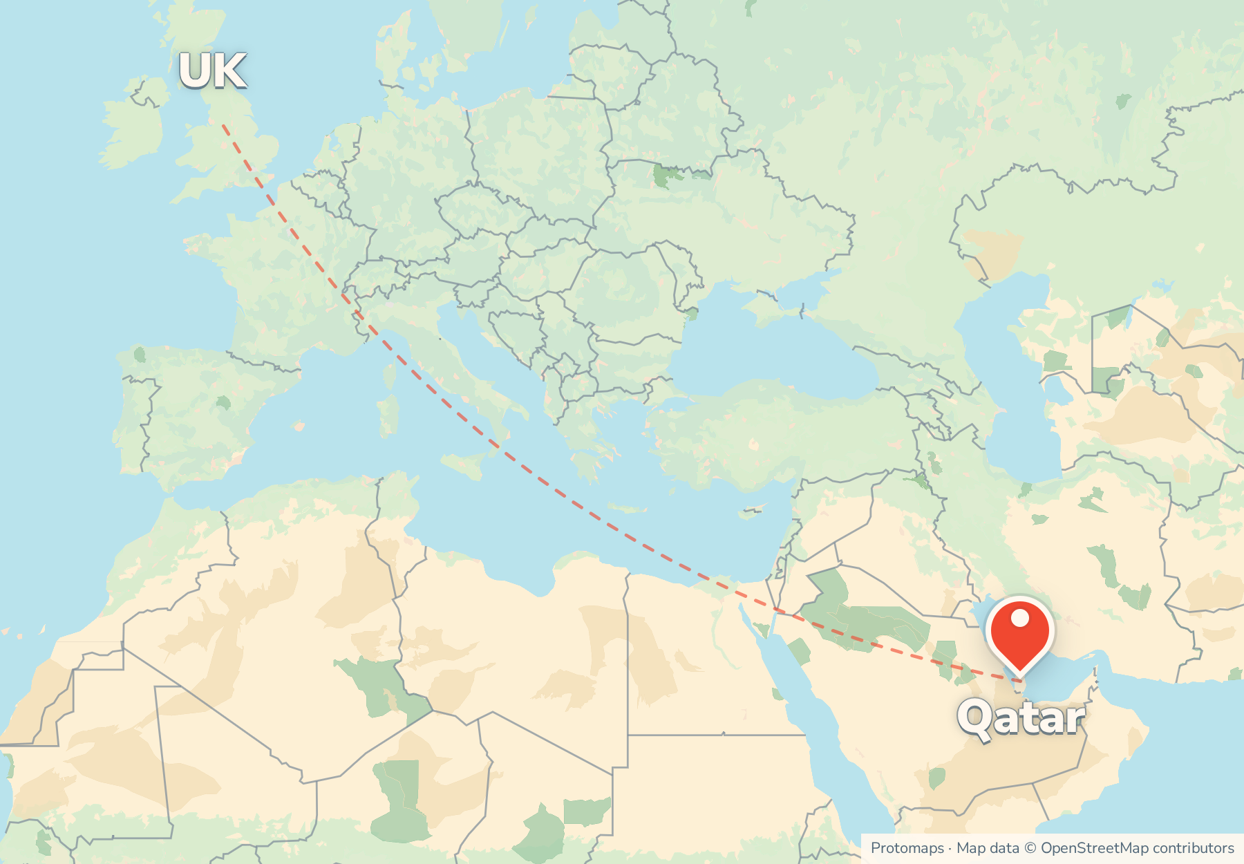 Map of the route from the UK to Qatar, with Qatar marked