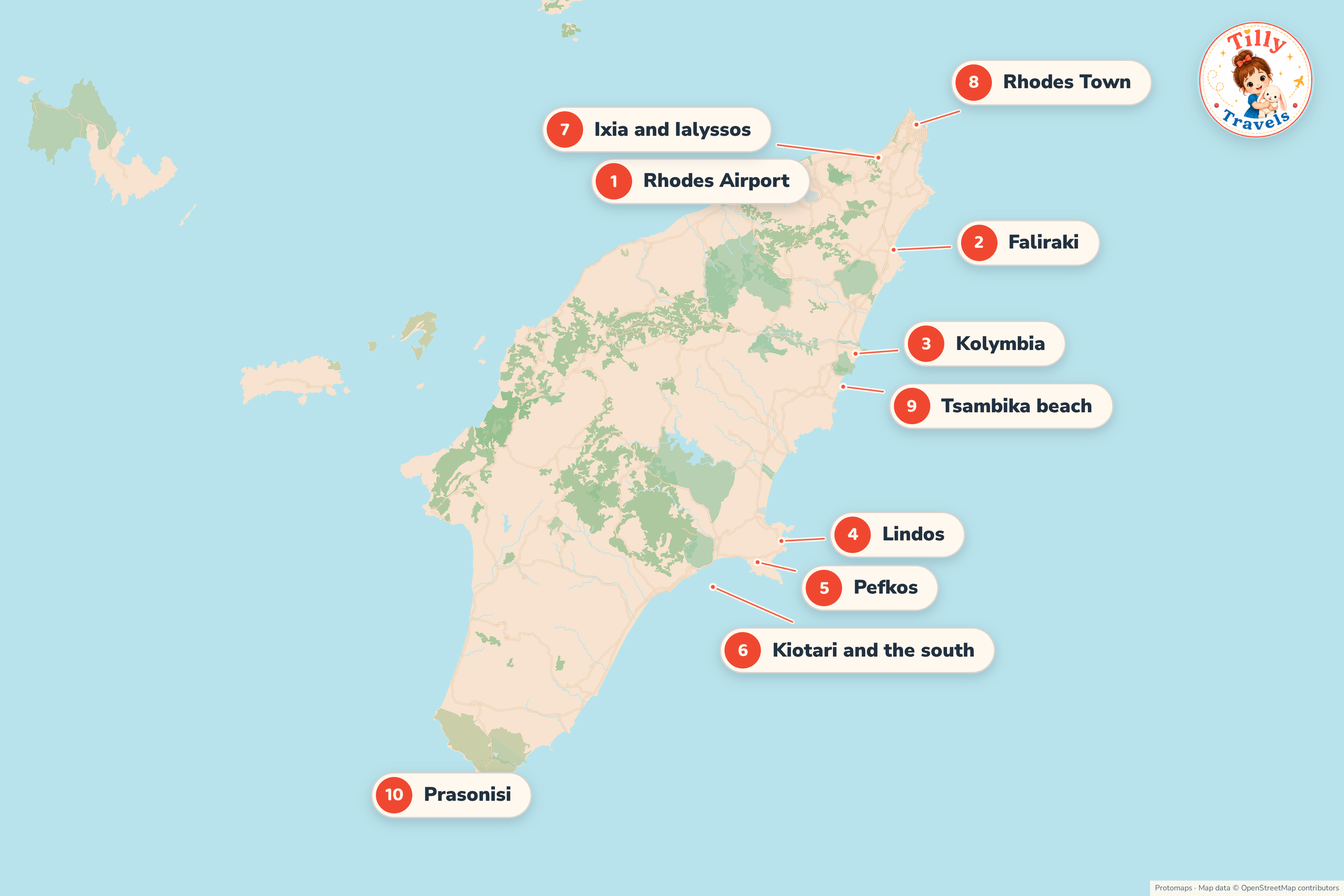 Map of Rhodes showing the family resorts along the east coast, the airport and Ixia on the west coast, Rhodes Town at the northern tip and Prasonisi at the southern tip.