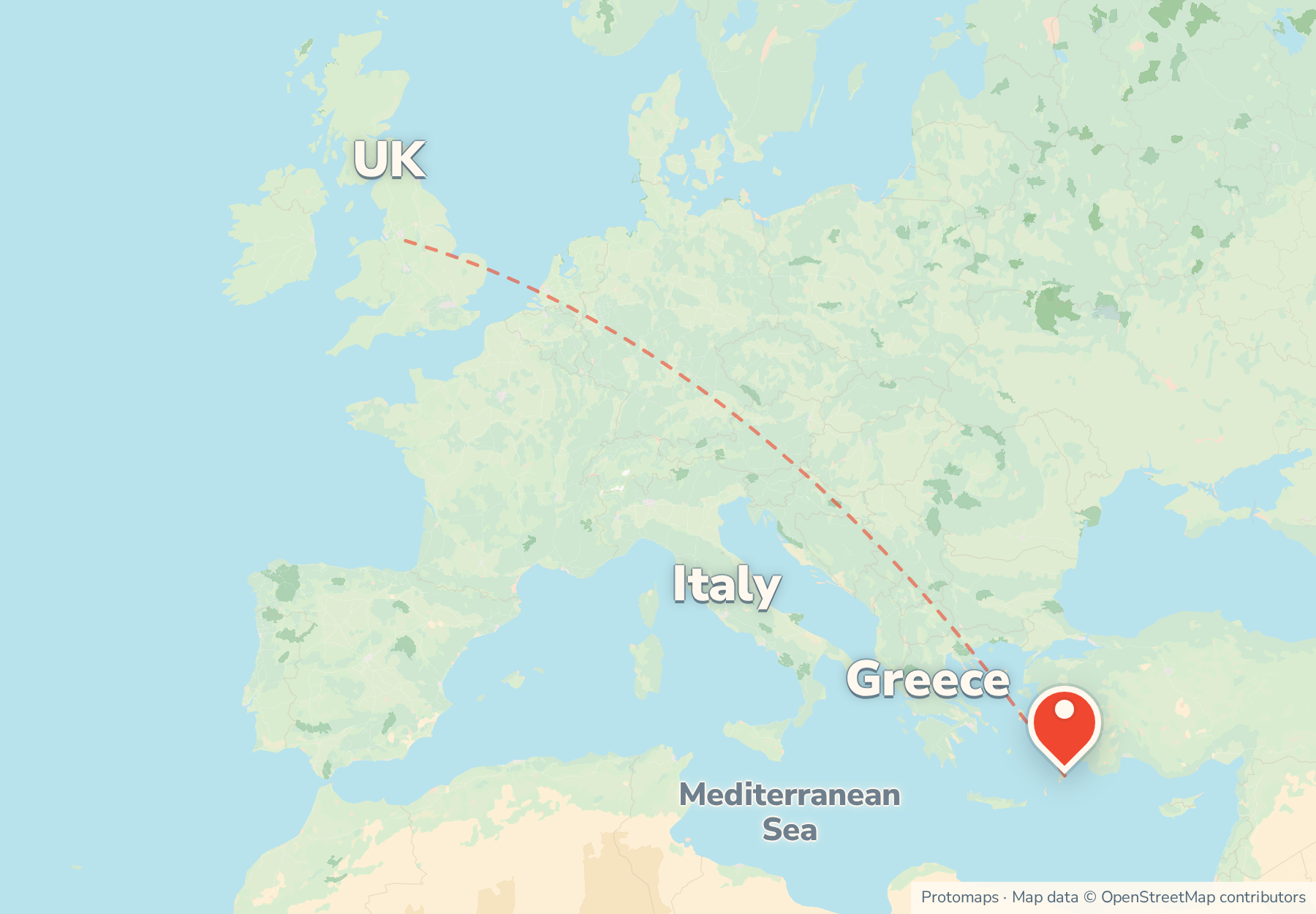 Locator map showing Rhodes in the south-east Aegean near the Turkish coast, with Greece, Italy and the UK to the north-west.