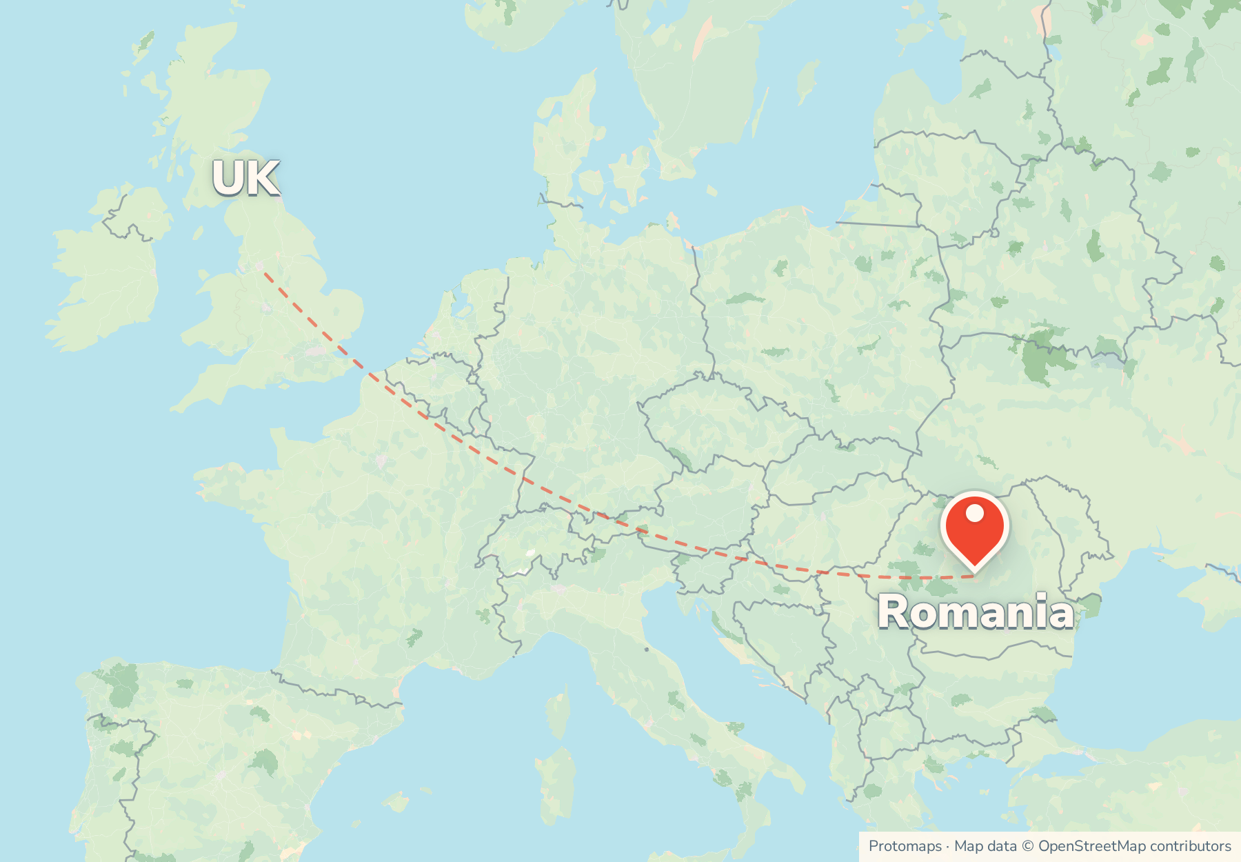Map of the route from the UK to Romania, with Romania marked