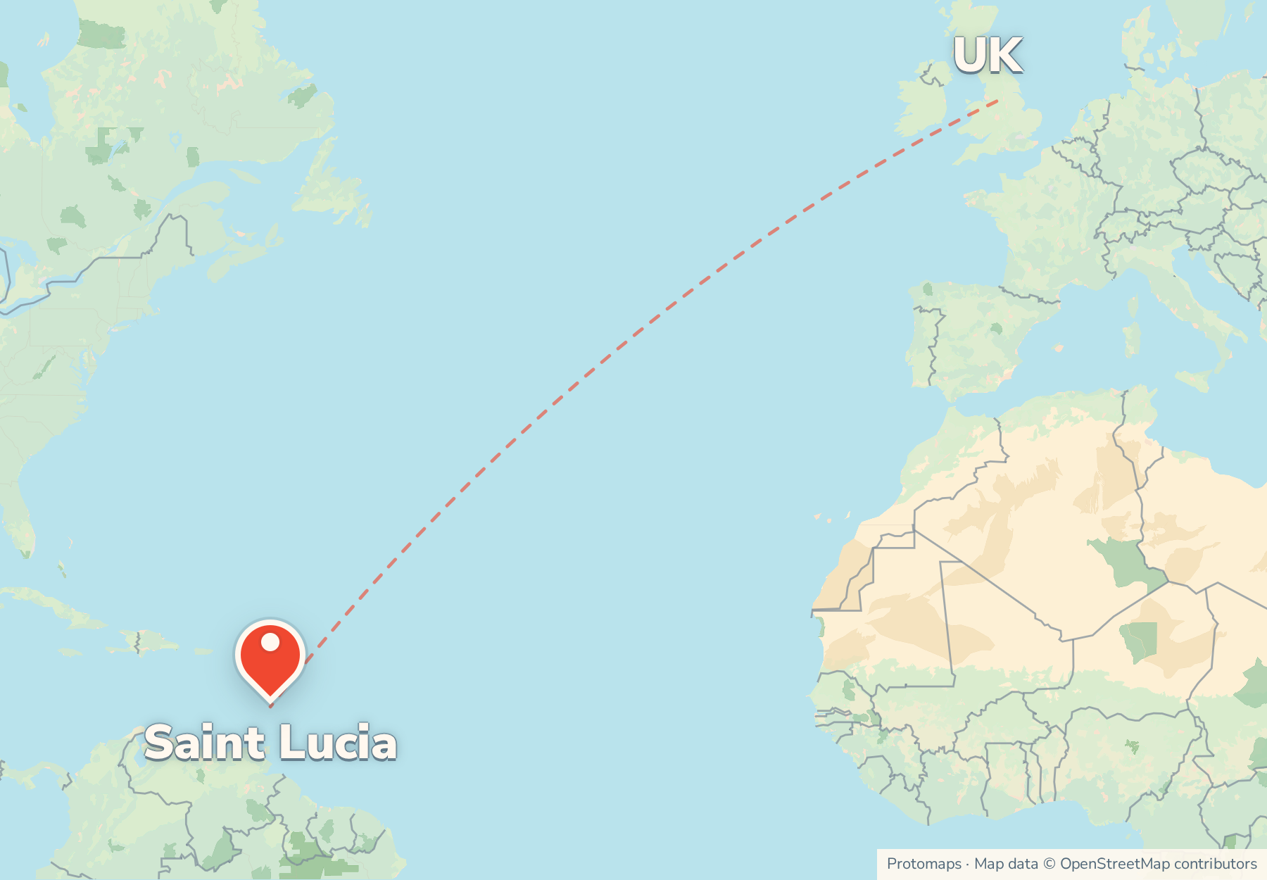 Map of the route from the UK to Saint Lucia, with Saint Lucia marked