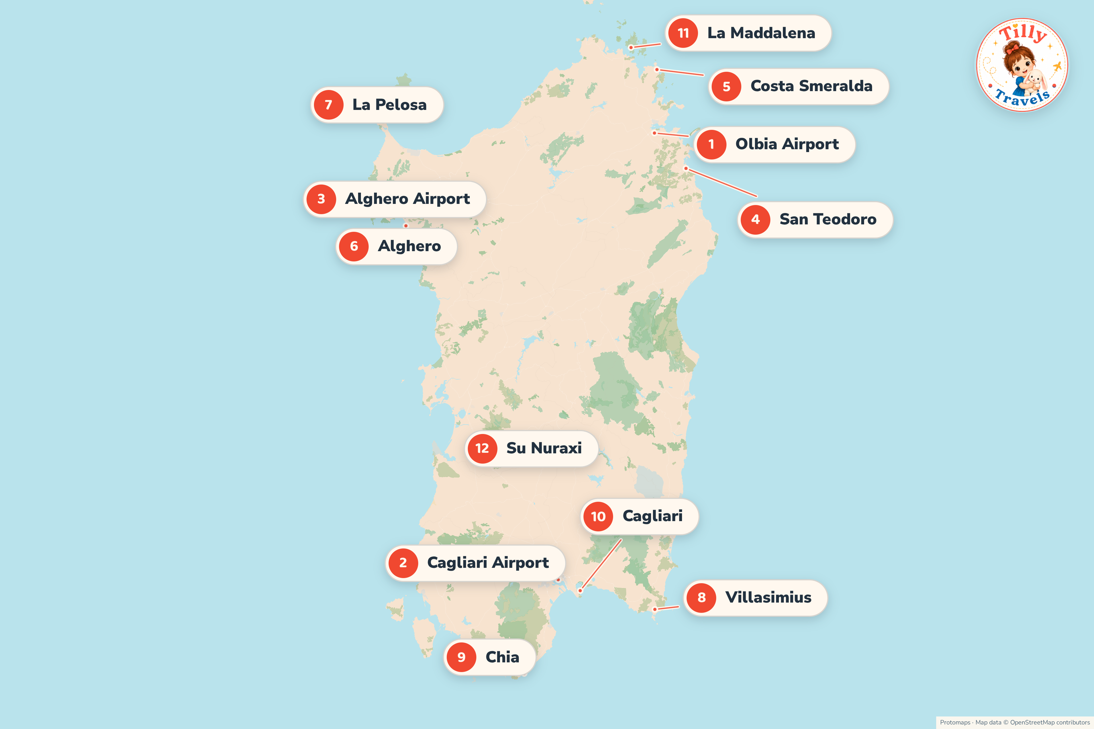 Map of Sardinia showing Olbia airport with San Teodoro and the Costa Smeralda in the north-east, Alghero airport with Alghero and La Pelosa in the north-west, Cagliari airport with Villasimius, Chia and Cagliari in the south, and La Maddalena and Su Nuraxi as days out.
