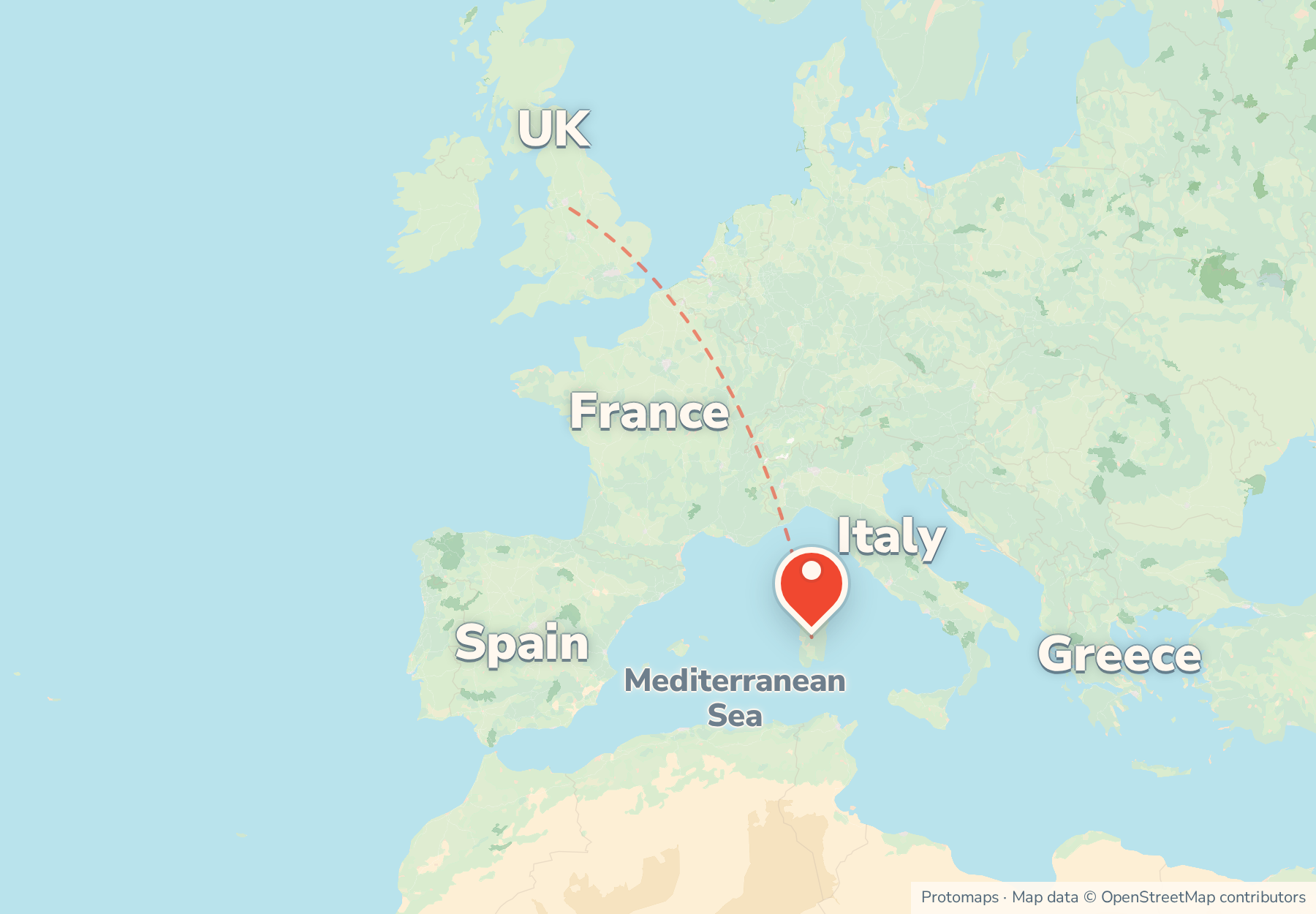 Locator map showing Sardinia in the western Mediterranean below France, west of mainland Italy and south-east of the UK.