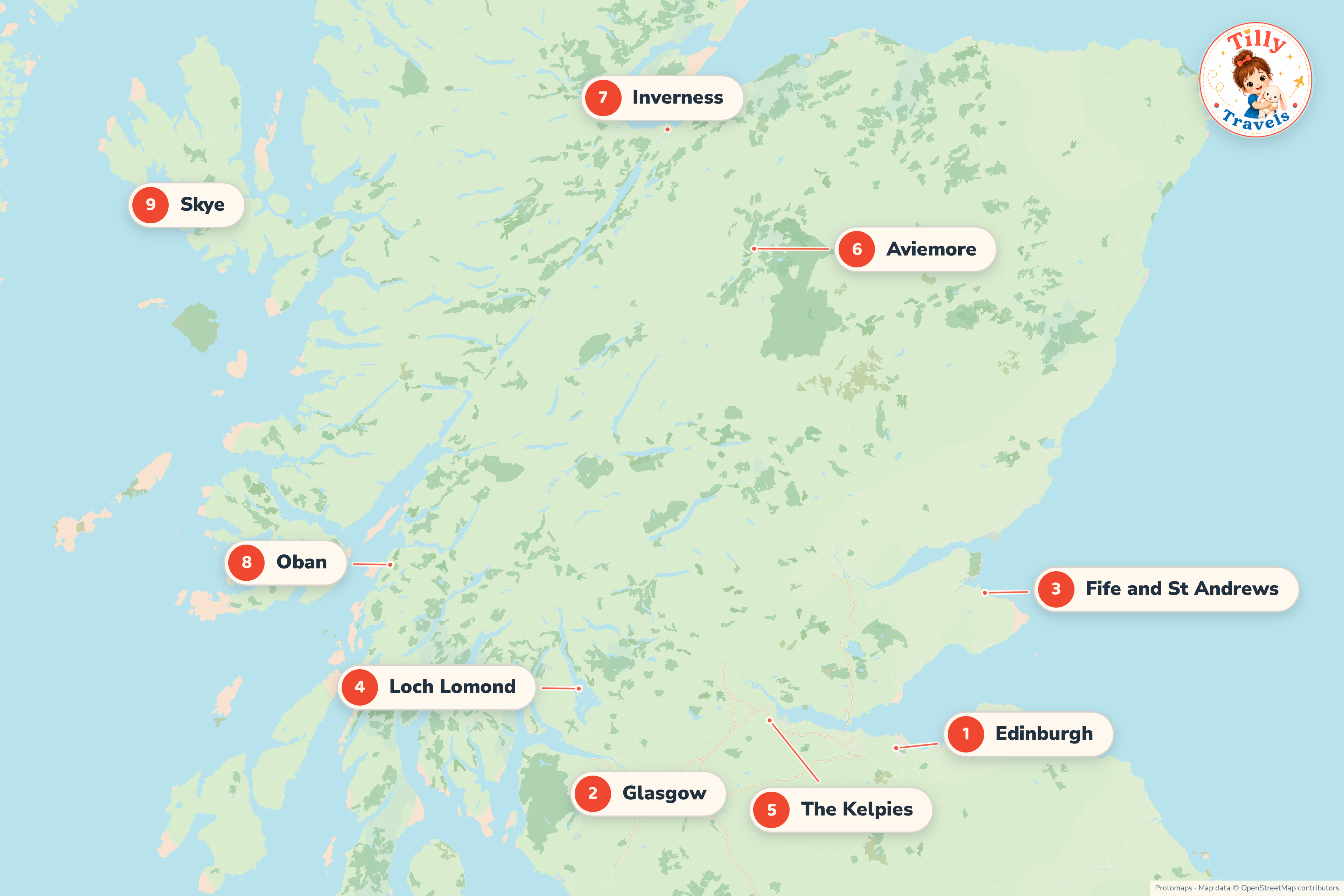 Map of Scotland showing Edinburgh, Glasgow, Fife, Loch Lomond, Aviemore, Inverness, Oban, Skye and the Kelpies.
