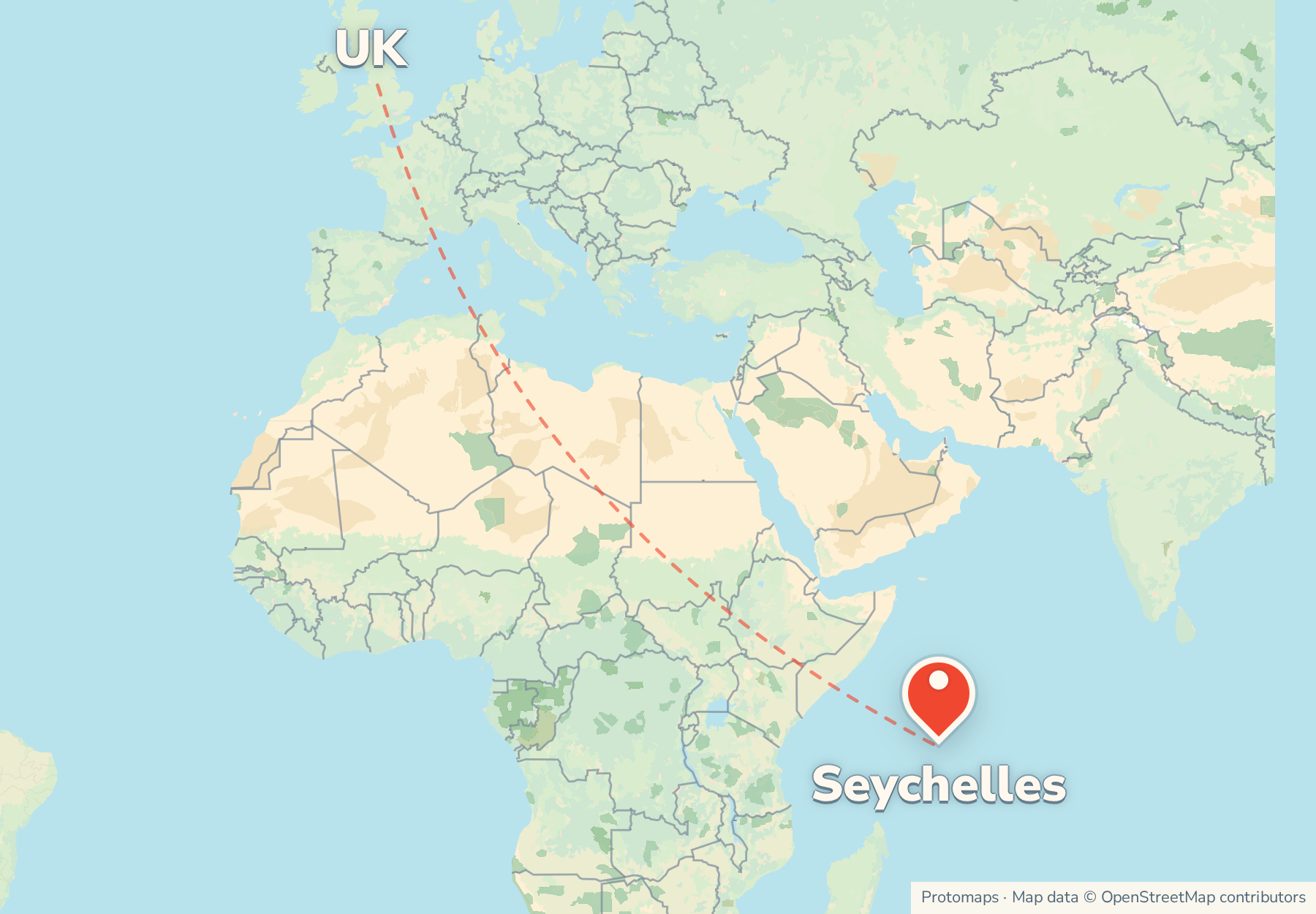 Map of the route from the UK to Seychelles, with Seychelles marked