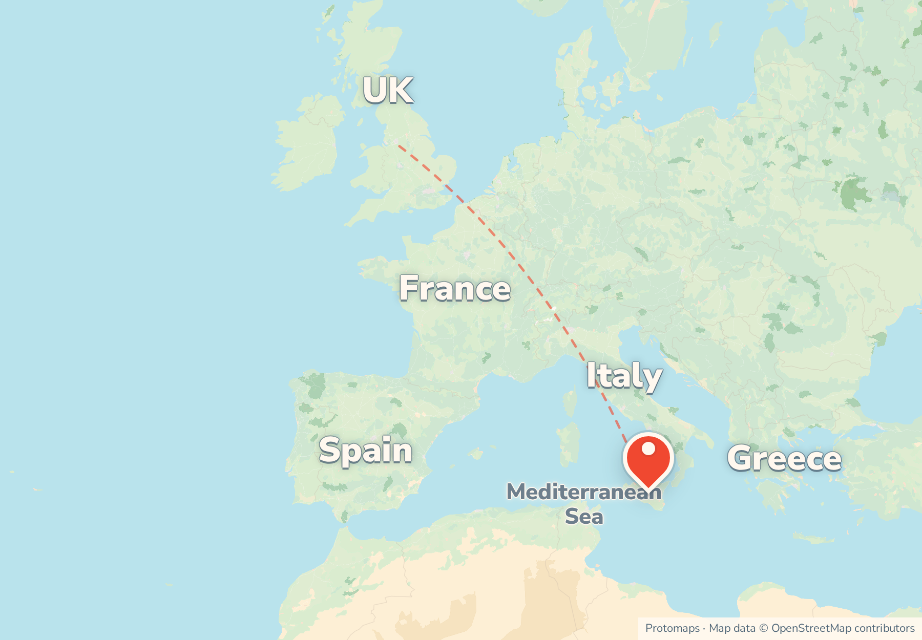 Locator map showing Sicily at the toe of Italy in the central Mediterranean, south-east of the UK, France and Spain.