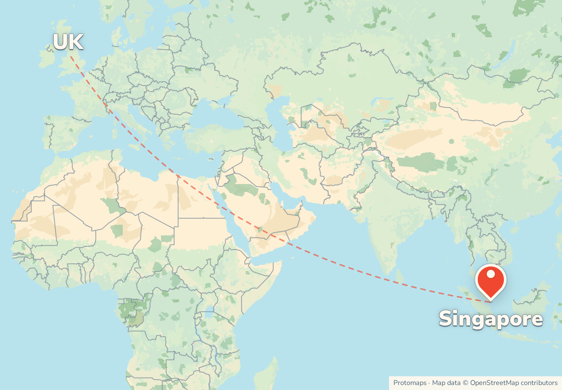 Map of the route from the UK to Singapore, with Singapore marked