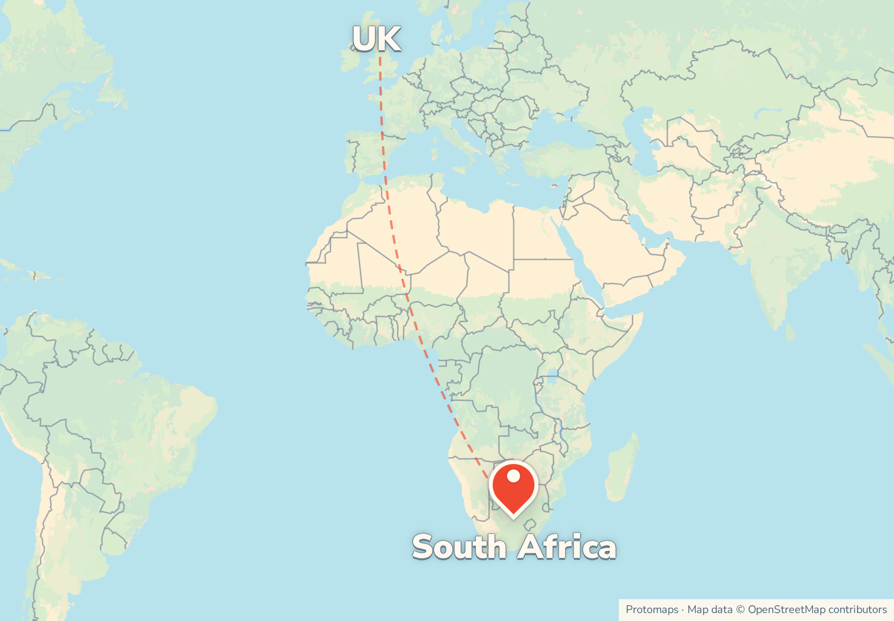 Map of the route from the UK to South Africa, with South Africa marked