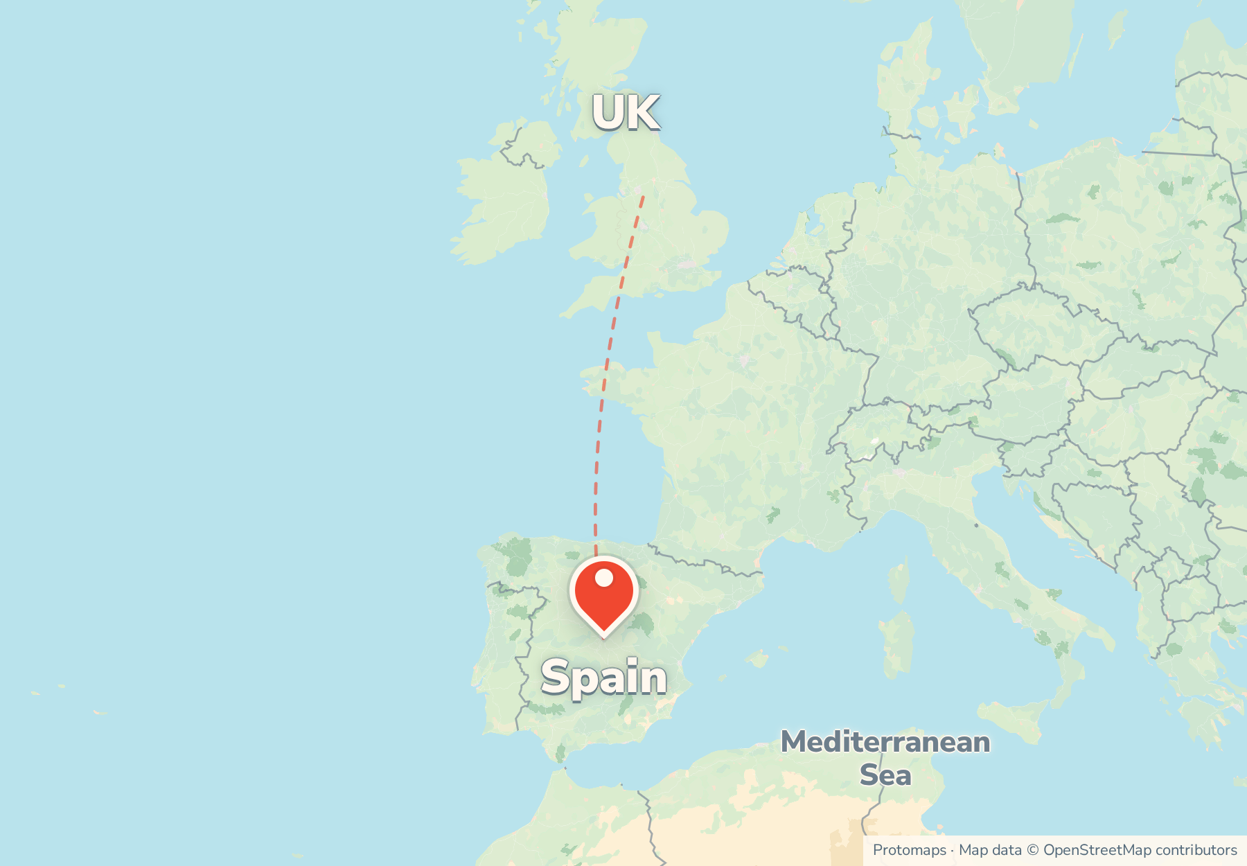 Map of the route from the UK to Spain, with Spain marked