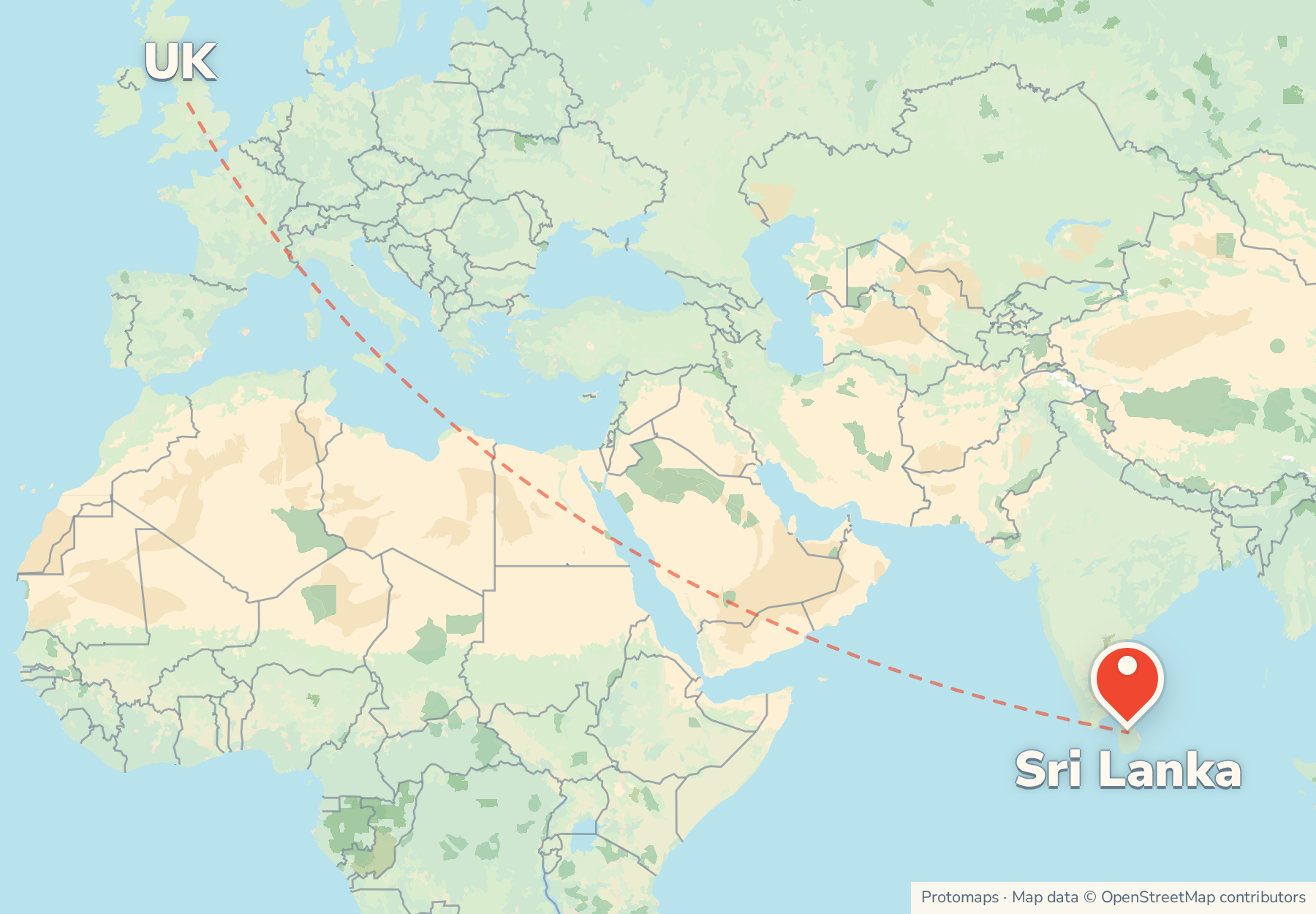 Map of the route from the UK to Sri Lanka, with Sri Lanka marked