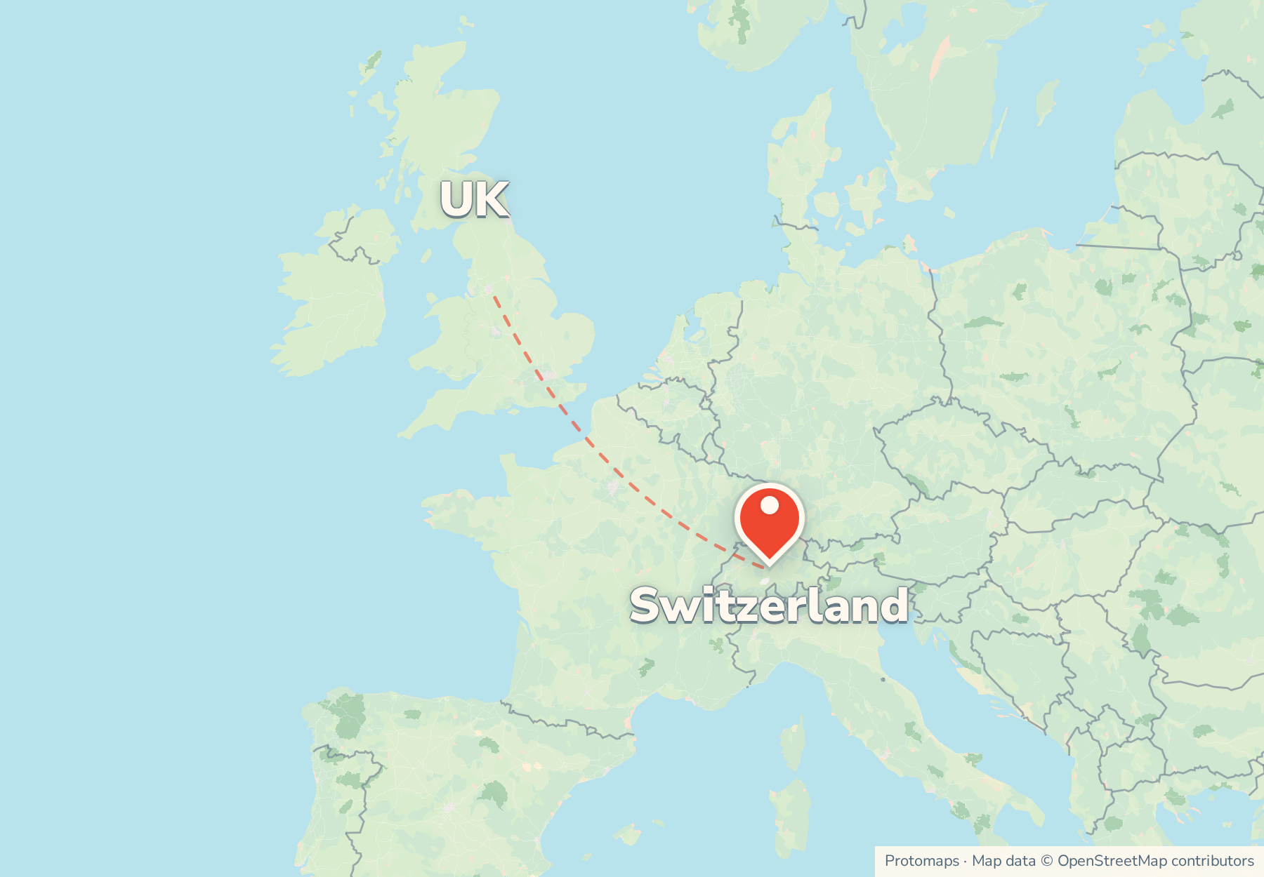 Map of the route from the UK to Switzerland, with Switzerland marked