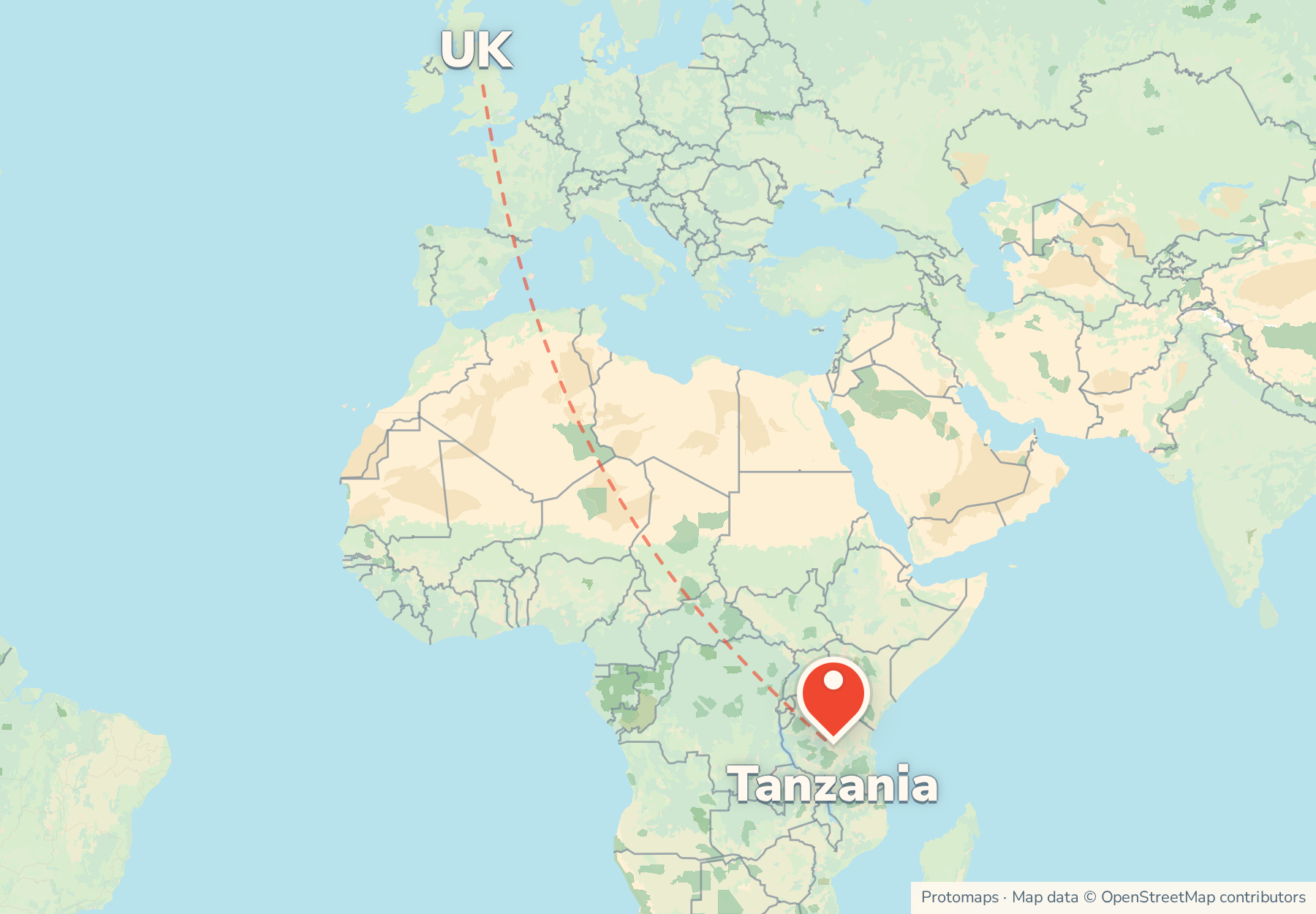 Map of the route from the UK to Tanzania, with Tanzania marked