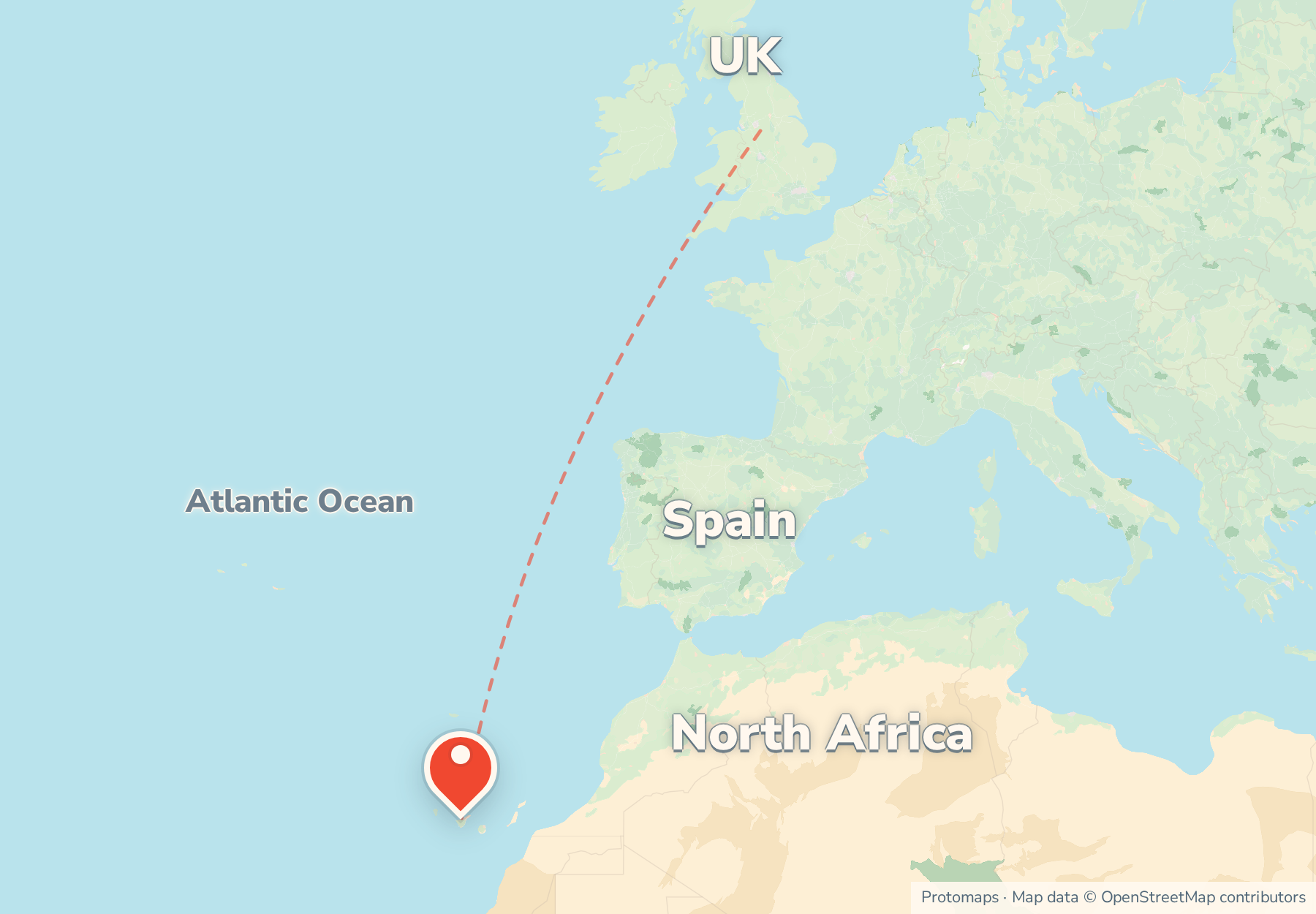 Locator map showing Tenerife in the Canary Islands off the north-west coast of Africa, with Spain and the UK to the north.