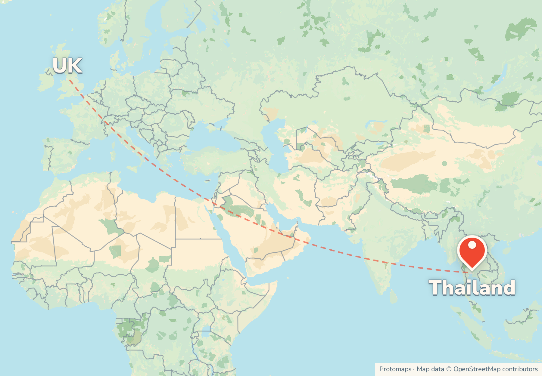 Map of the route from the UK to Thailand, with Thailand marked
