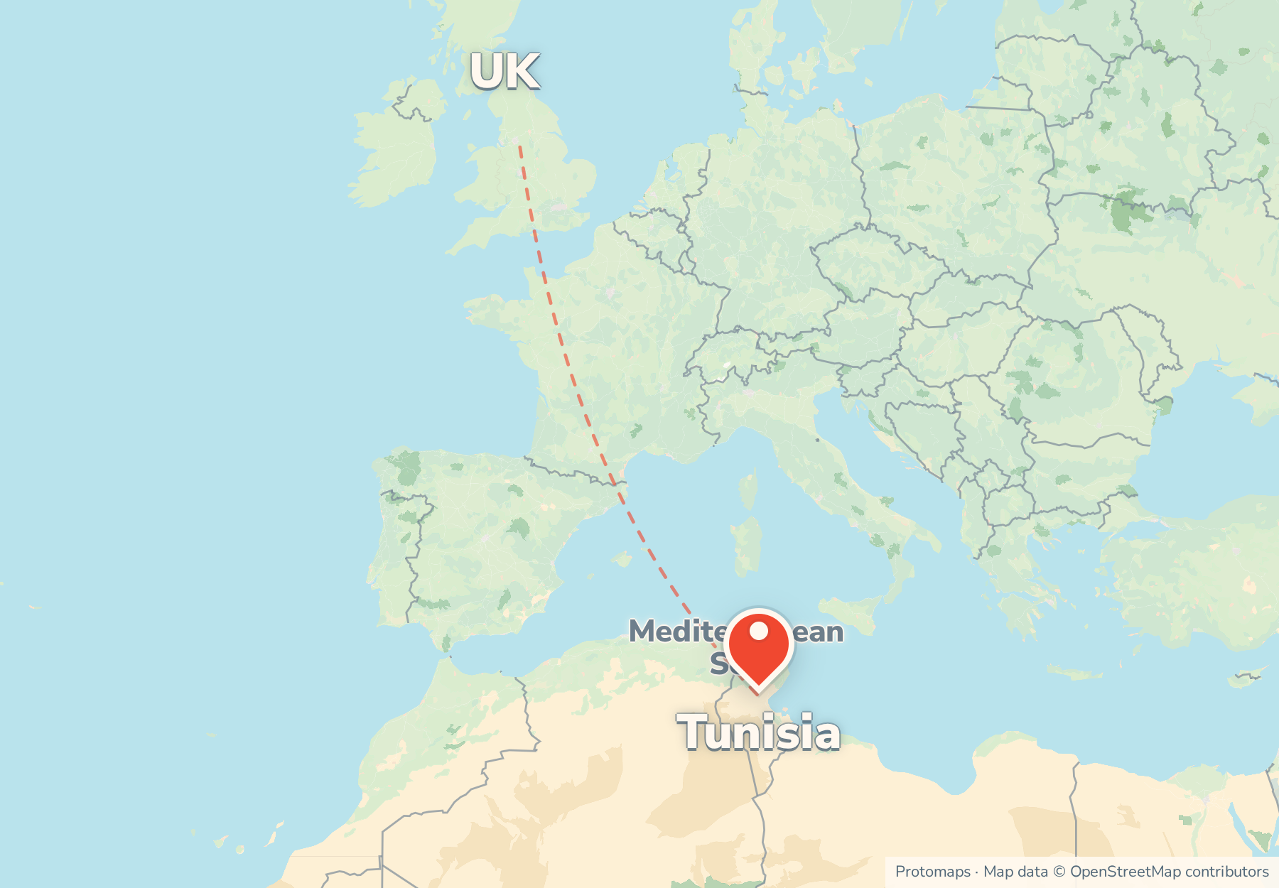 Map of the route from the UK to Tunisia, with Tunisia marked